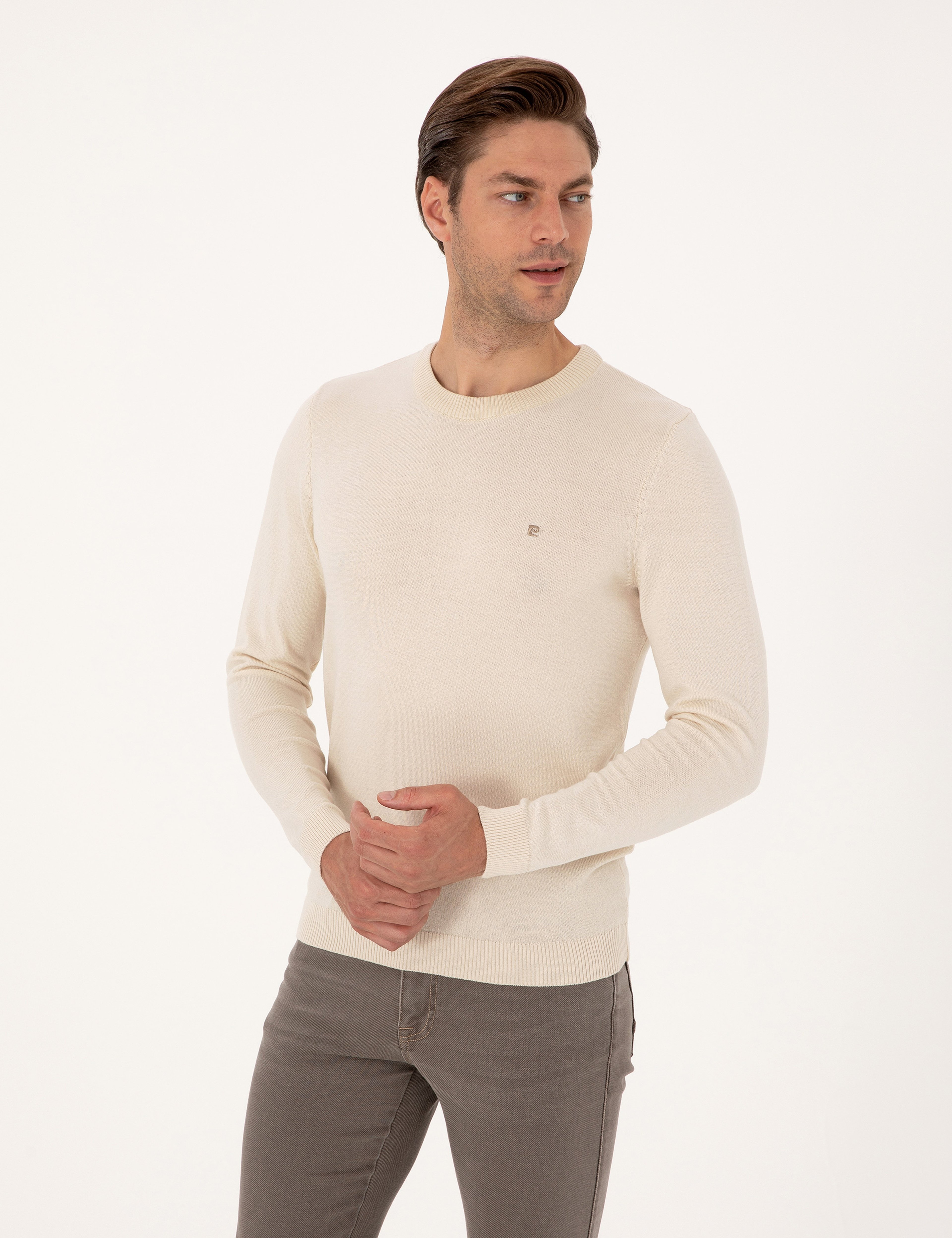 Bej Slim Fit Bisiklet Yaka Basic Triko Kazak - Image 1
