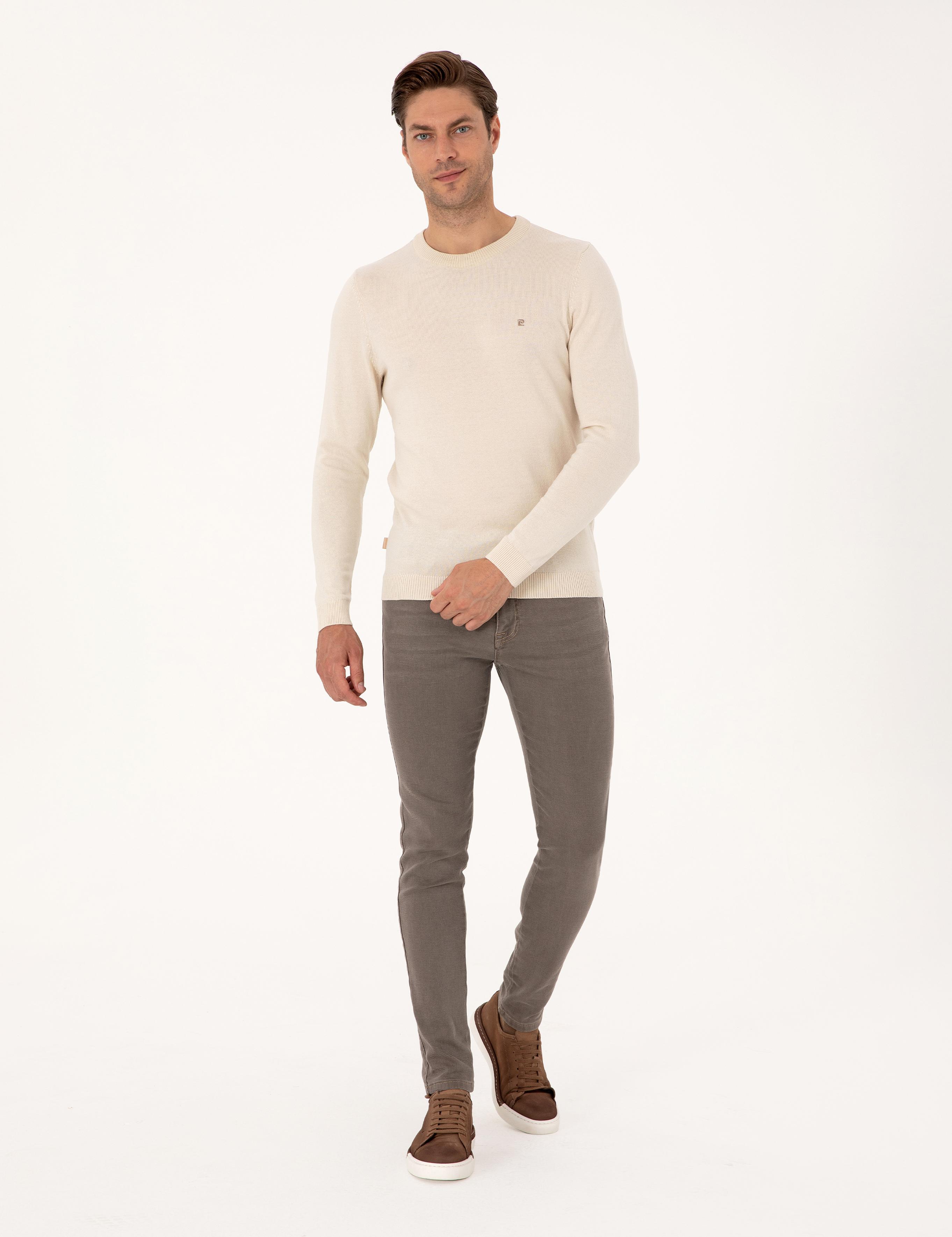 Bej Slim Fit Bisiklet Yaka Basic Triko Kazak