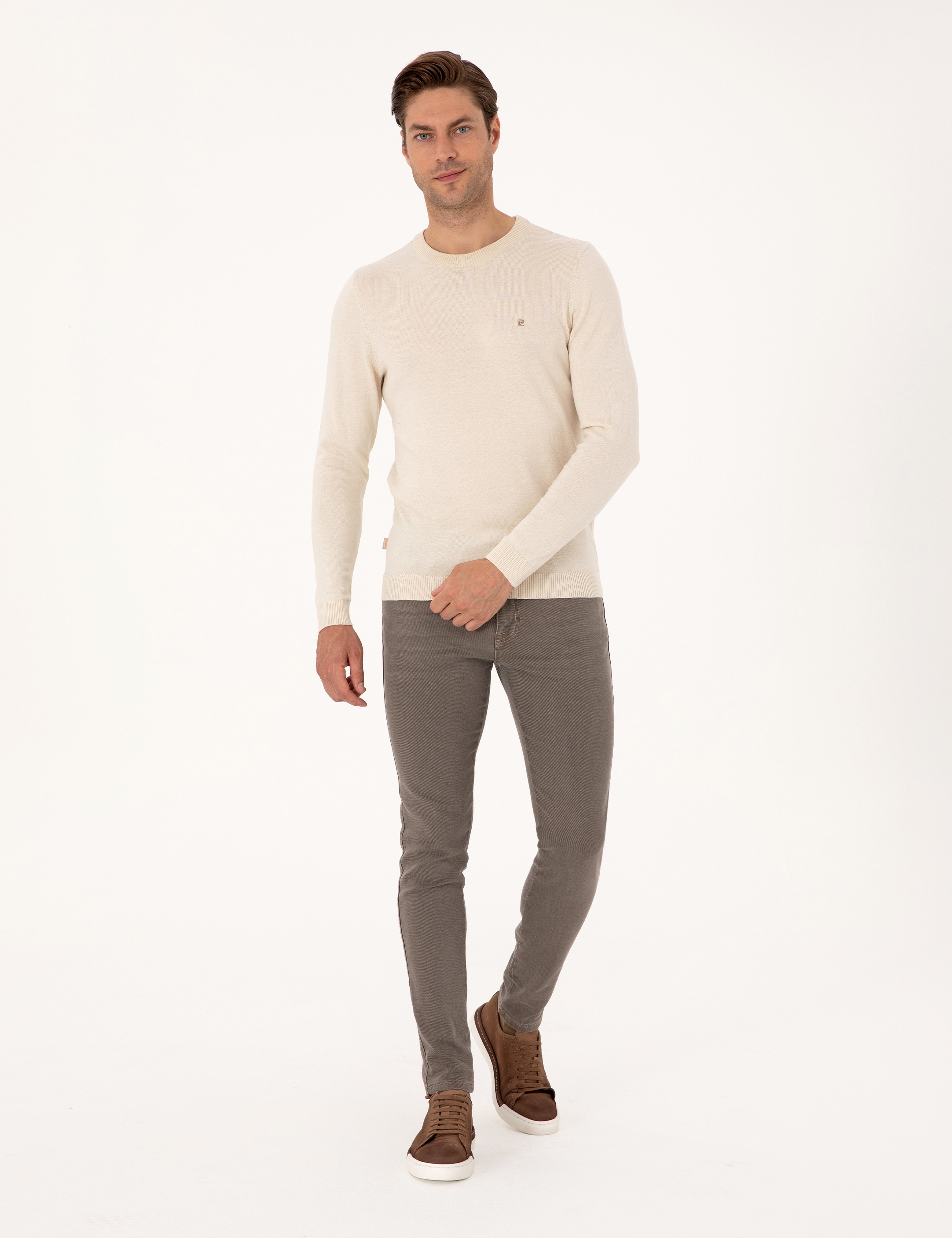 Bej Slim Fit Bisiklet Yaka Basic Triko Kazak - Image 4