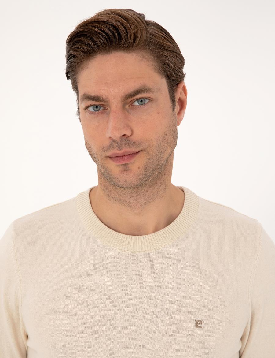 Bej Slim Fit Bisiklet Yaka Basic Triko Kazak