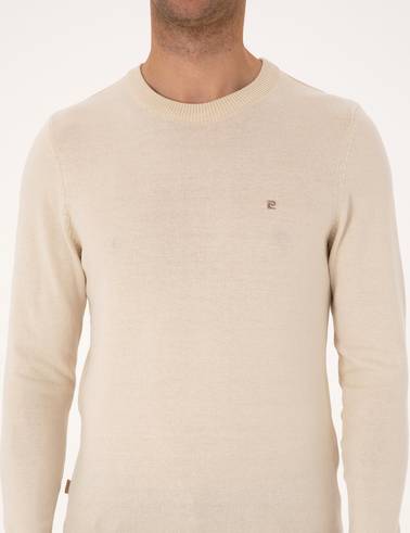 Bej Slim Fit Bisiklet Yaka Basic Triko Kazak