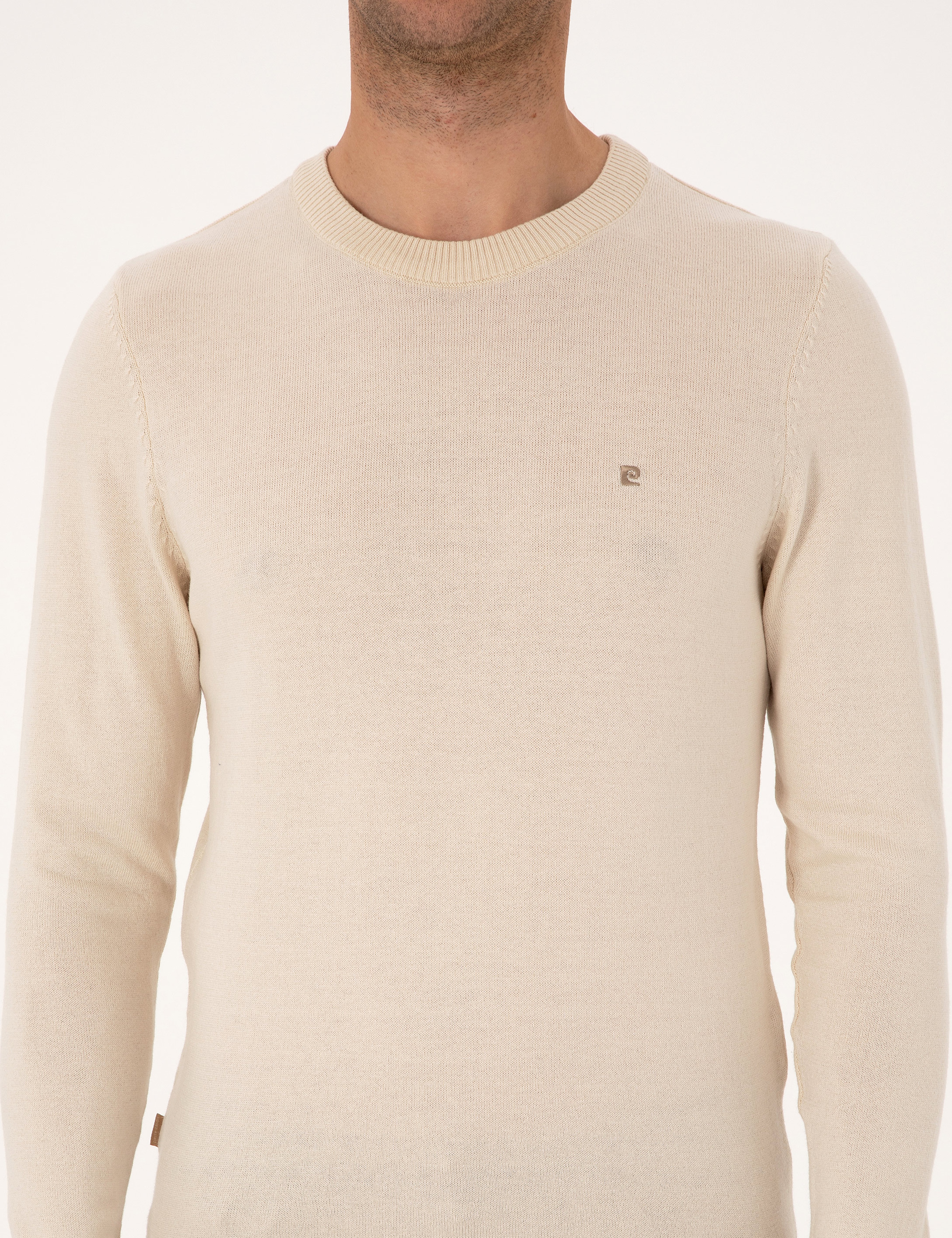 Bej Slim Fit Bisiklet Yaka Basic Triko Kazak - Image 6