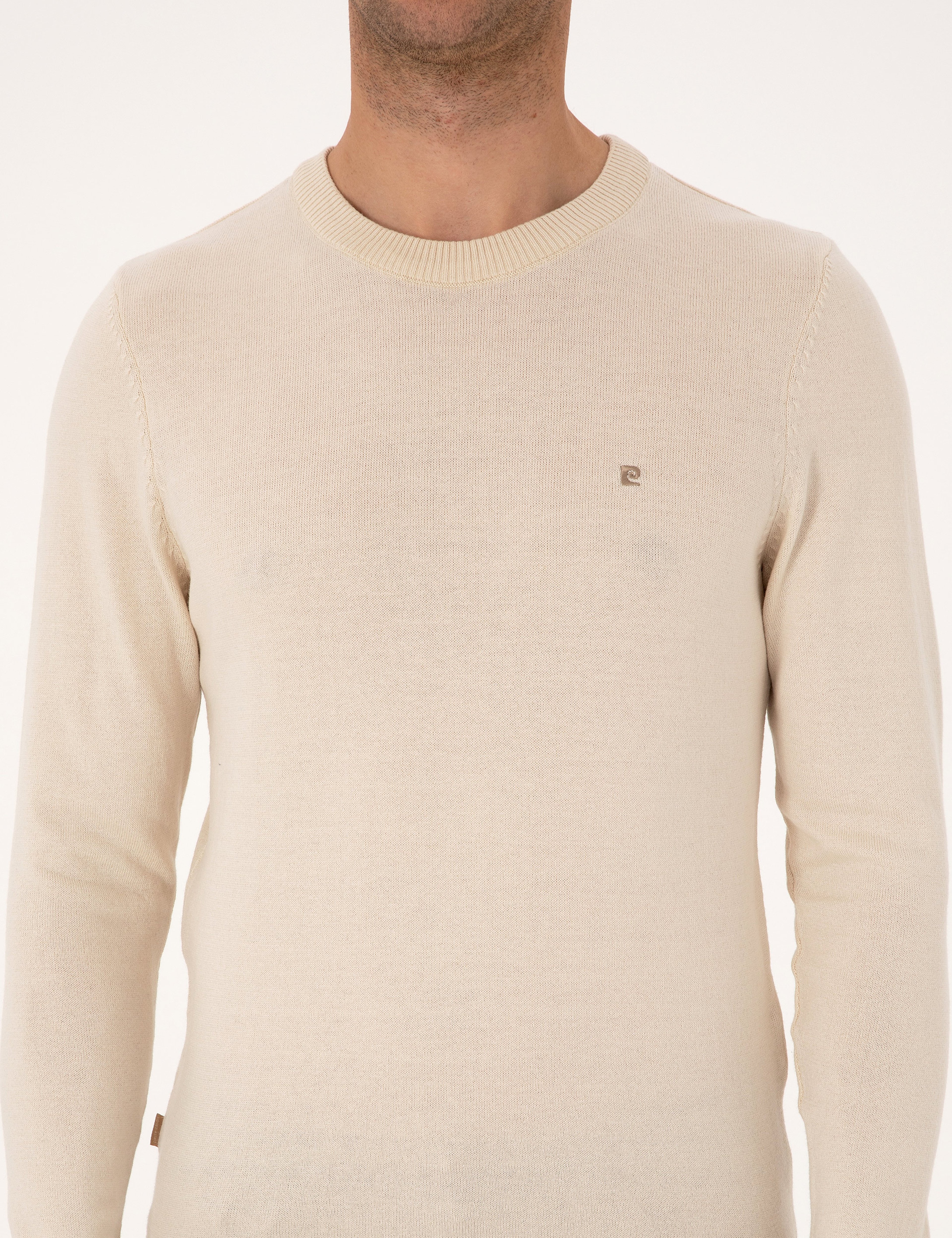 Bej Slim Fit Bisiklet Yaka Basic Triko Kazak