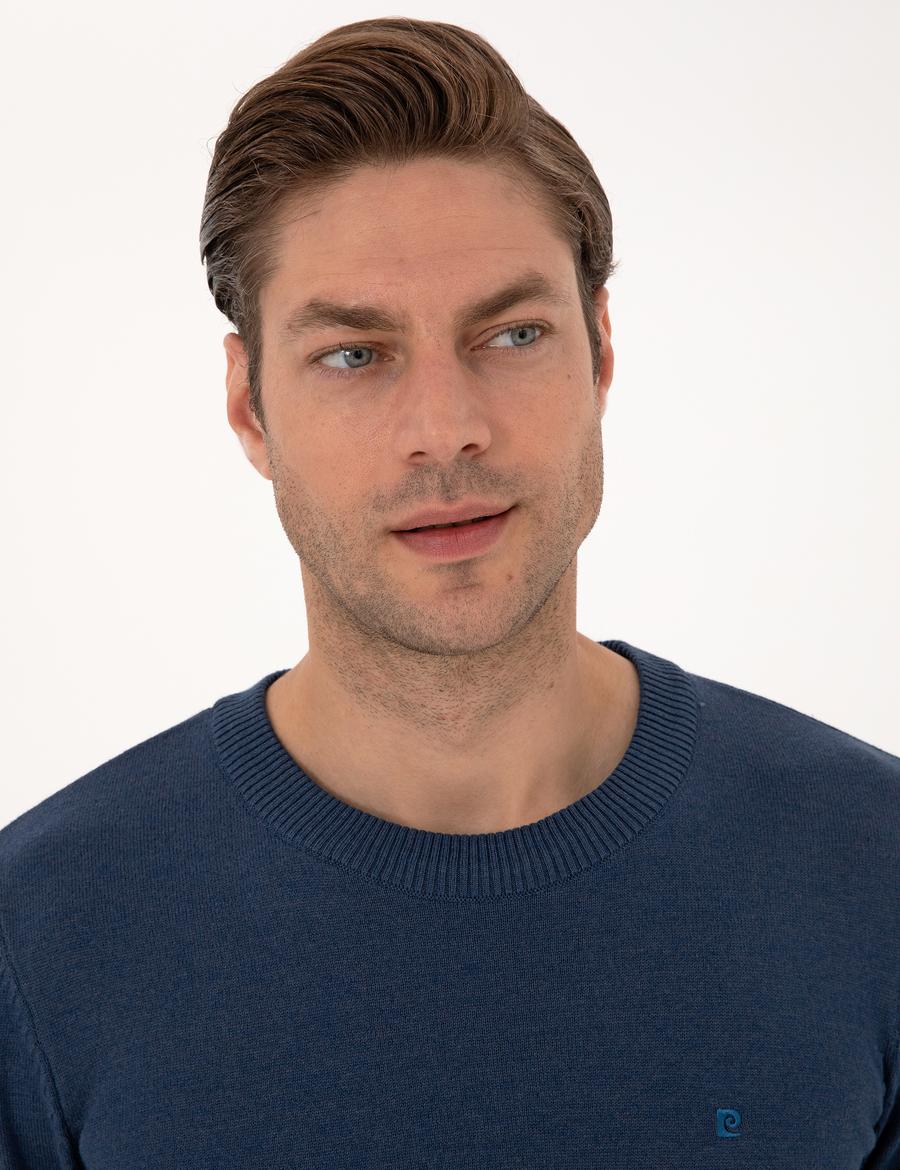 İndigo Melanj Slim Fit Bisiklet Yaka Basic Triko Kazak