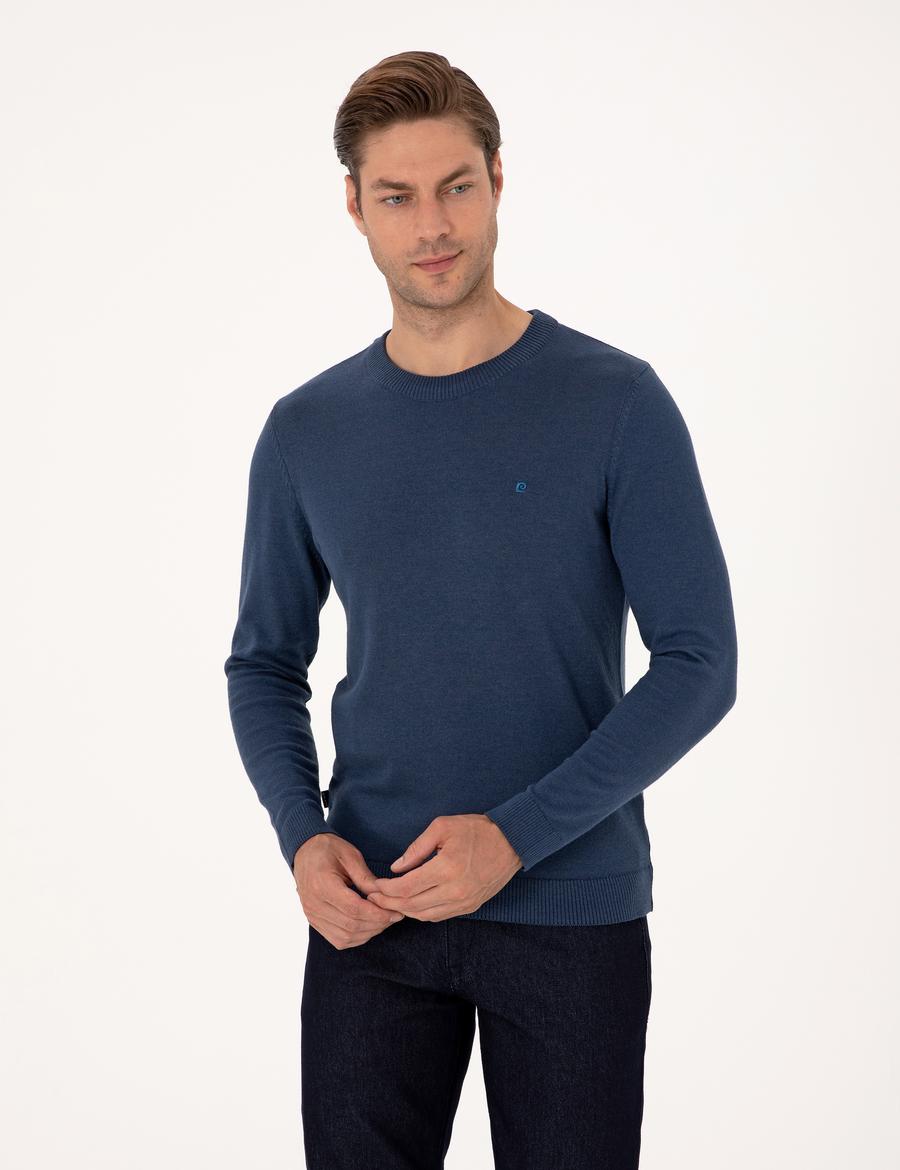 İndigo Melanj Slim Fit Bisiklet Yaka Basic Triko Kazak