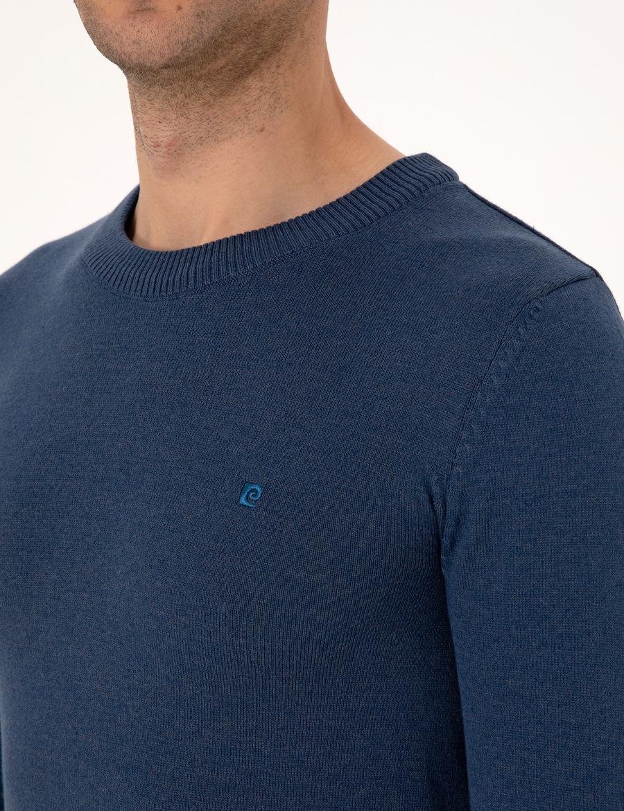 İndigo Melanj Slim Fit Bisiklet Yaka Basic Triko Kazak