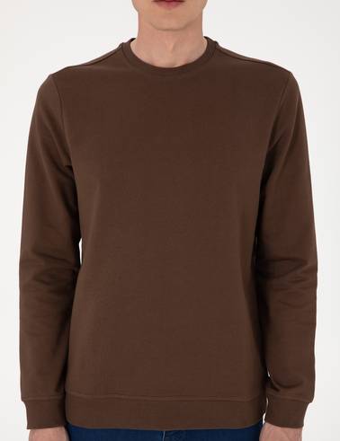 Kahverengi 2 İplik Regular Fit Bisiklet Yaka Basic Sweatshirt