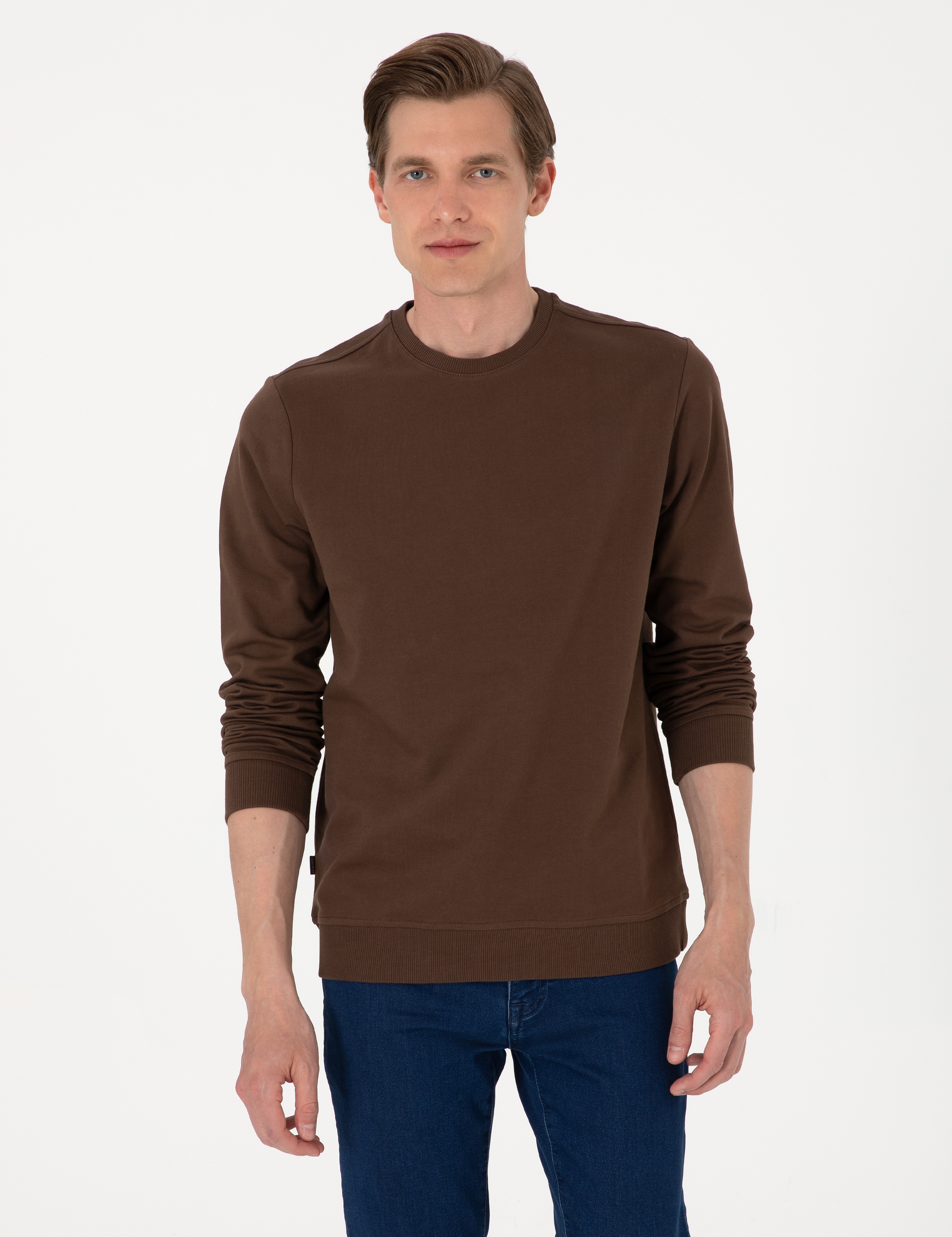 Kahverengi 2 İplik Regular Fit Bisiklet Yaka Basic Sweatshirt - Image 1