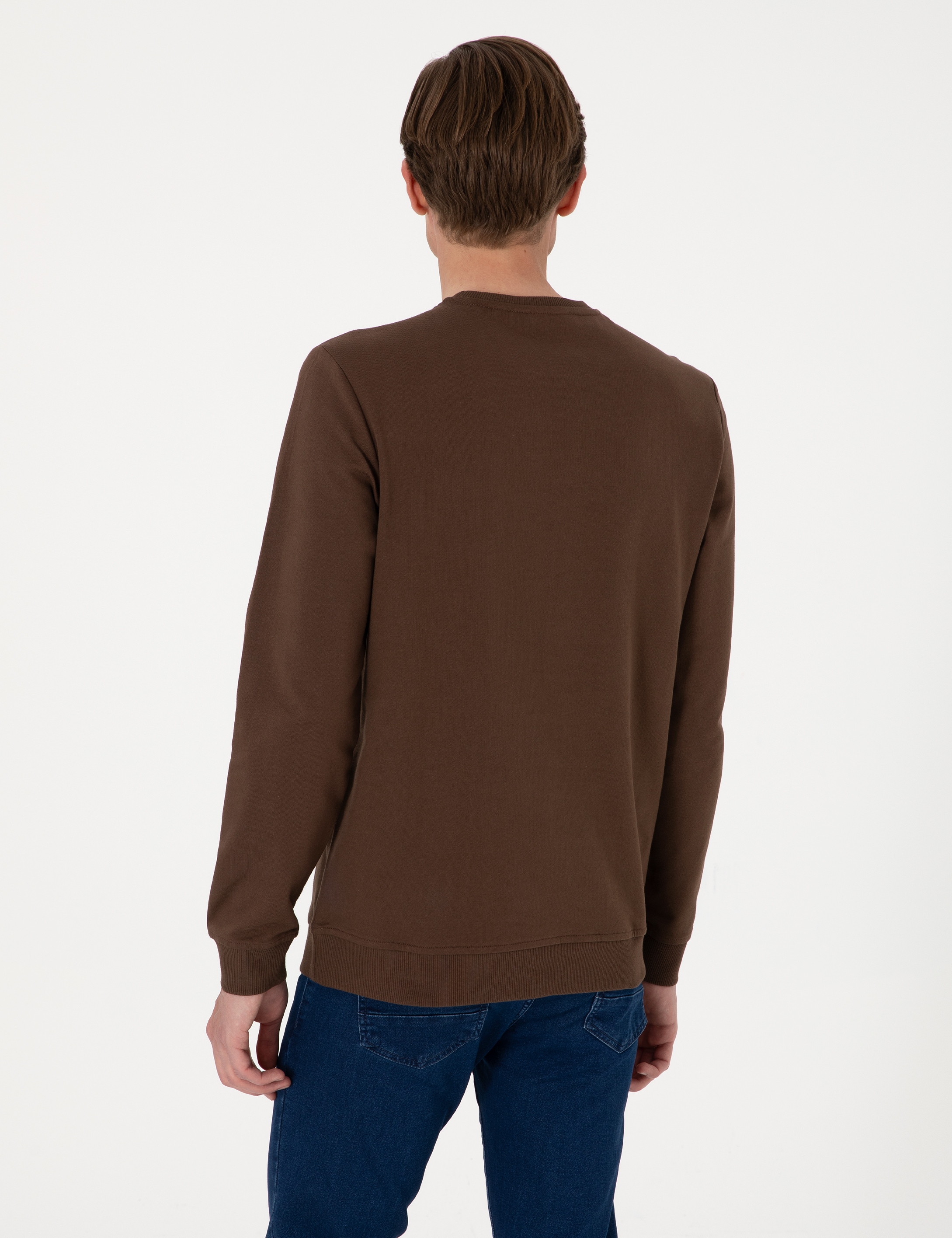 Kahverengi 2 İplik Regular Fit Bisiklet Yaka Basic Sweatshirt - Image 5