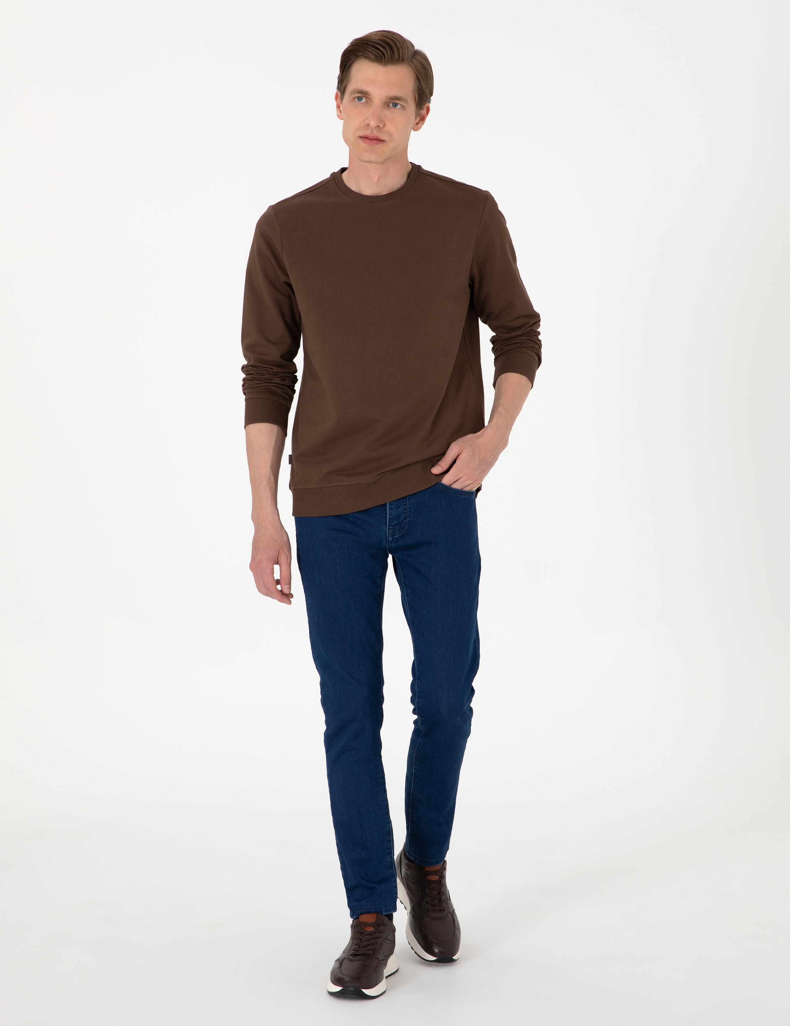 Kahverengi 2 İplik Regular Fit Bisiklet Yaka Basic Sweatshirt