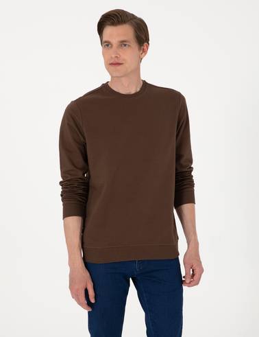 Kahverengi 2 İplik Regular Fit Bisiklet Yaka Basic Sweatshirt