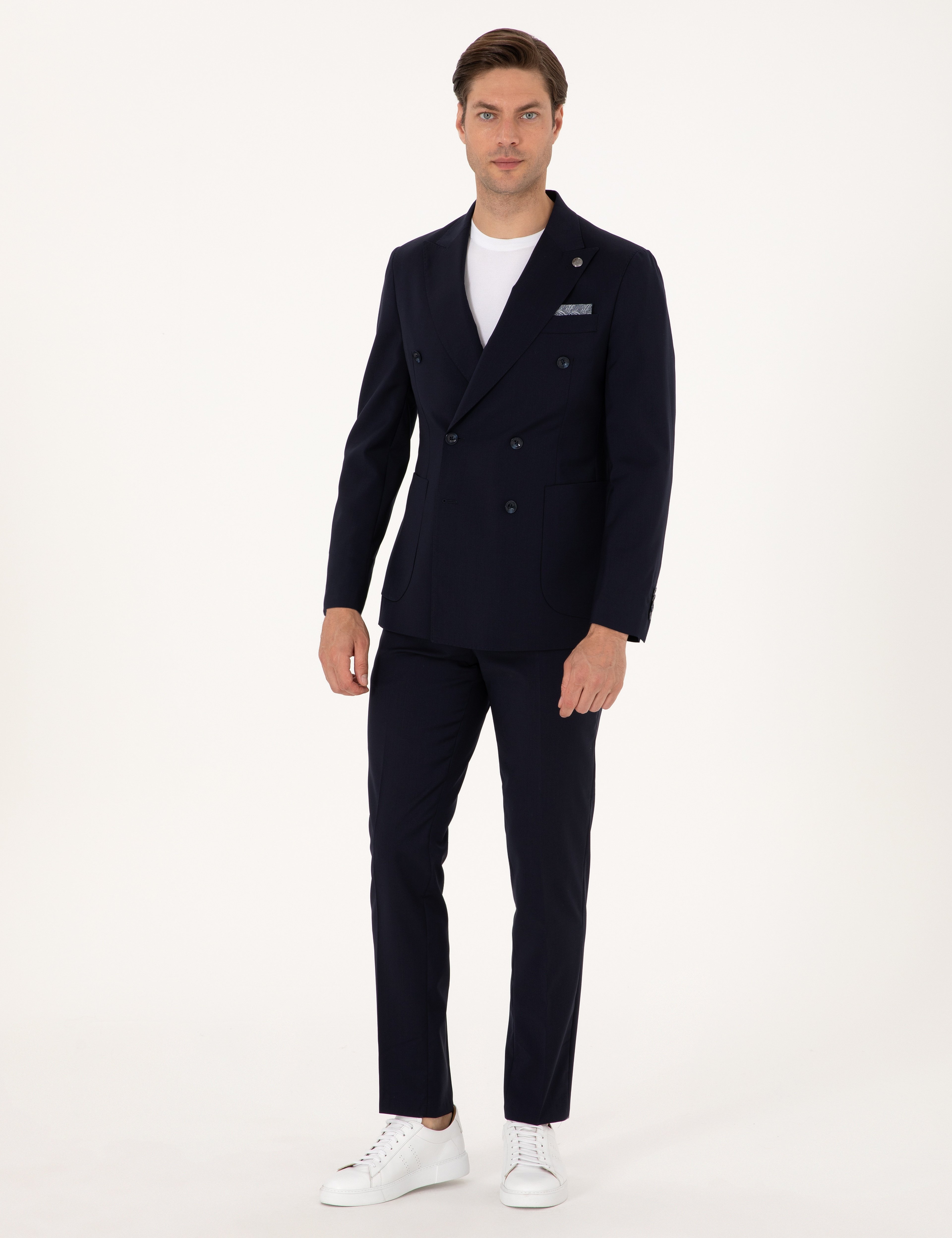 Lacivert Extra Slim Fit %100 Yün Kruvaze Takım Elbise