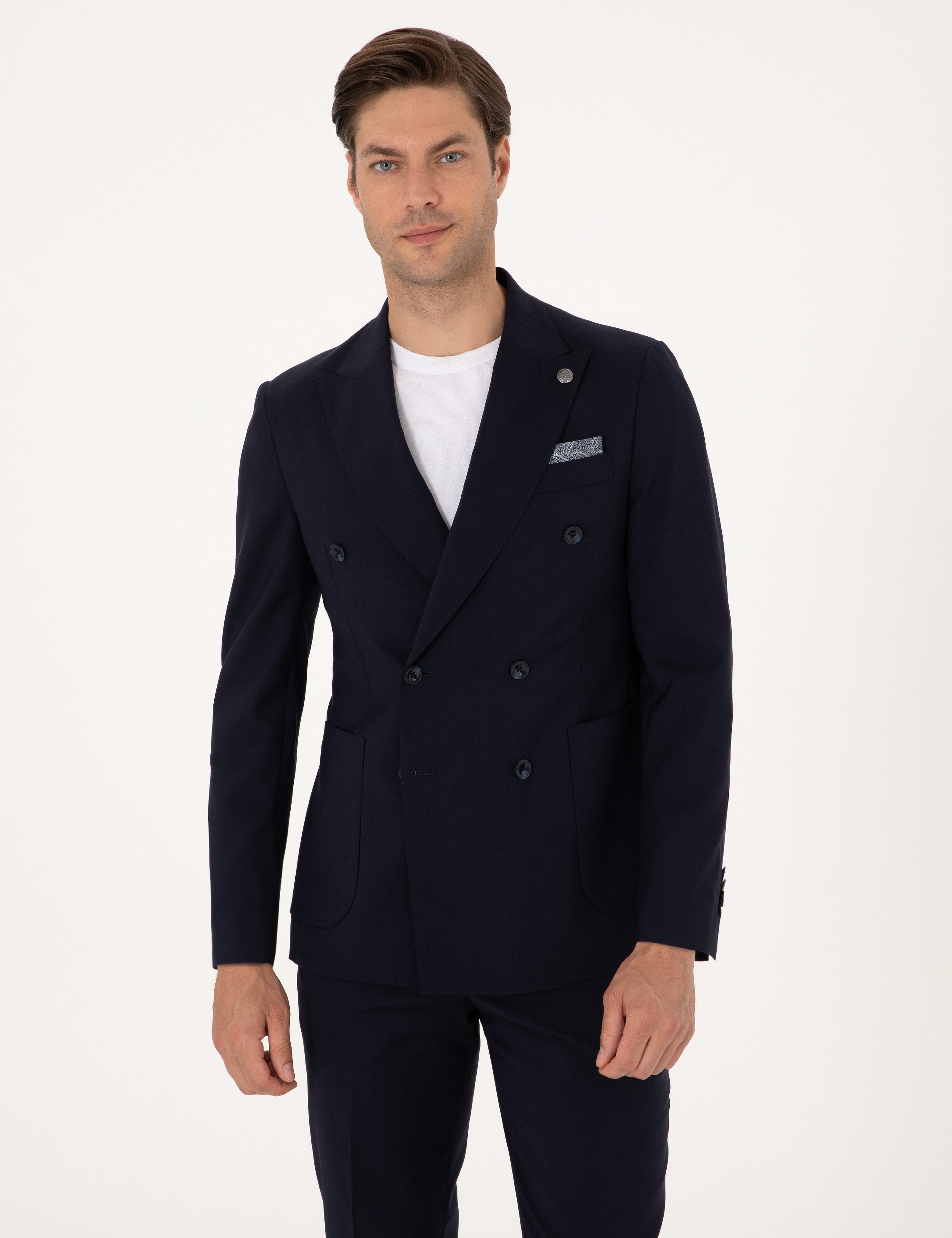 Lacivert Extra Slim Fit %100 Yün Kruvaze Takım Elbise