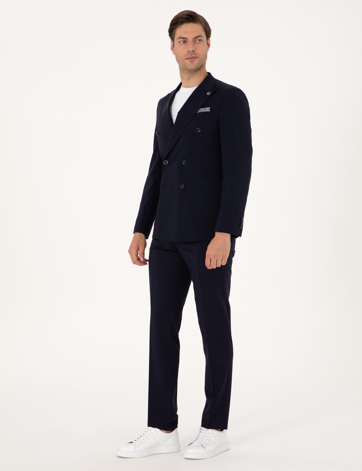 Lacivert Ex. Slim Fit %100 Yün Kruvaze Takım Elbise - 50316451050