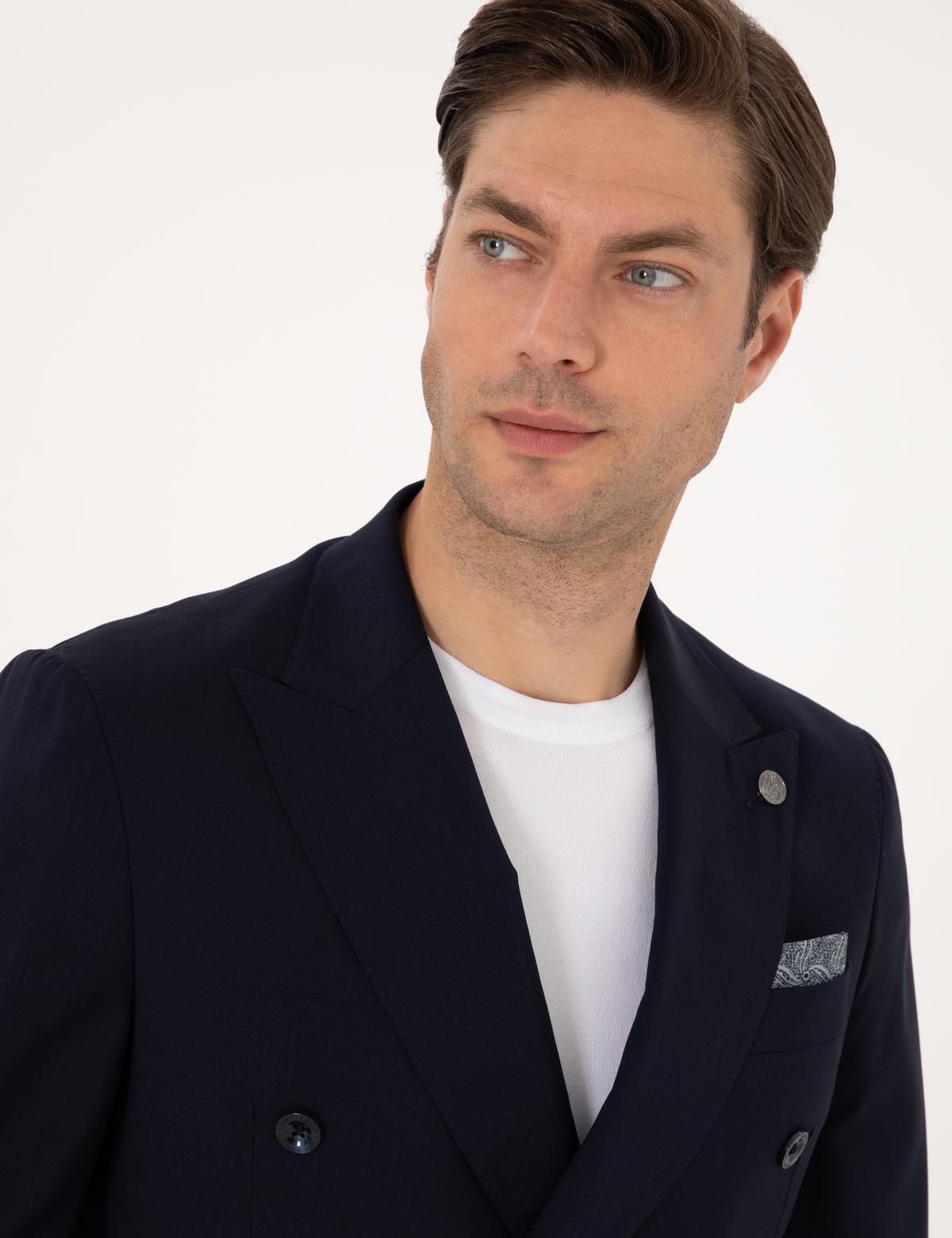 Lacivert Ex. Slim Fit %100 Yün Kruvaze Takım Elbise - 50316451050