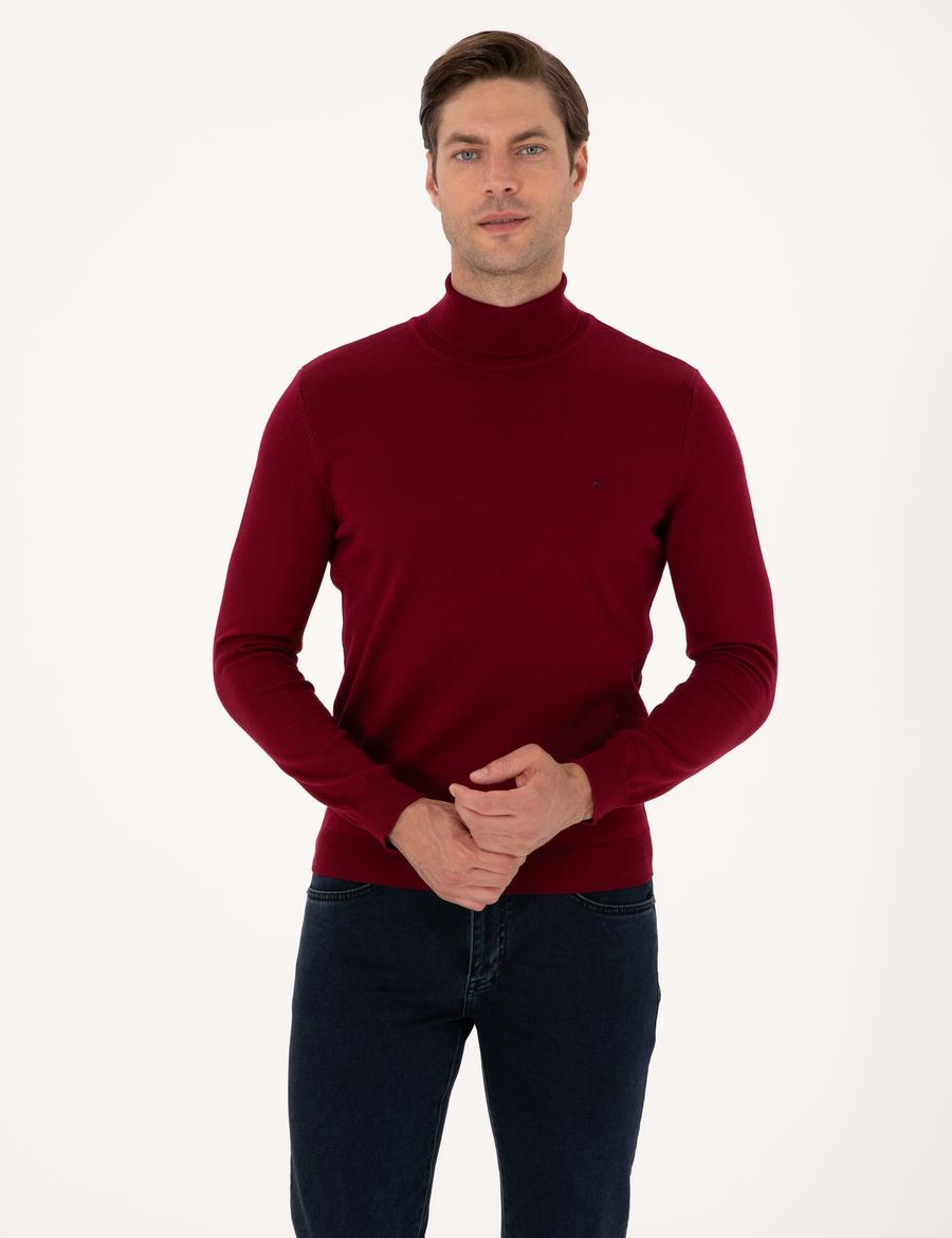 Vişne Slim Fit Balıkçı Yaka Basic Triko Kazak