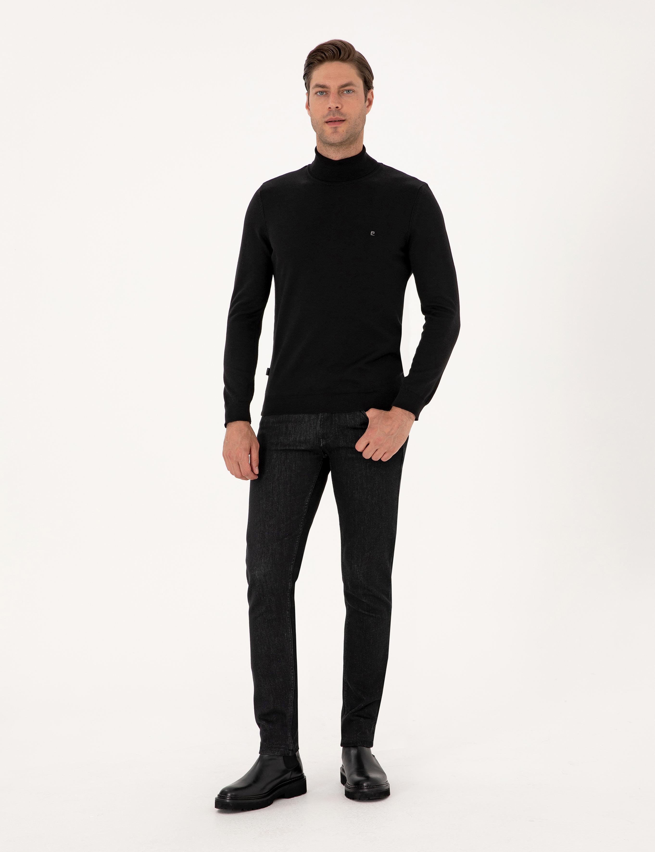 Siyah Slim Fit Balıkçı Yaka Basic Triko Kazak