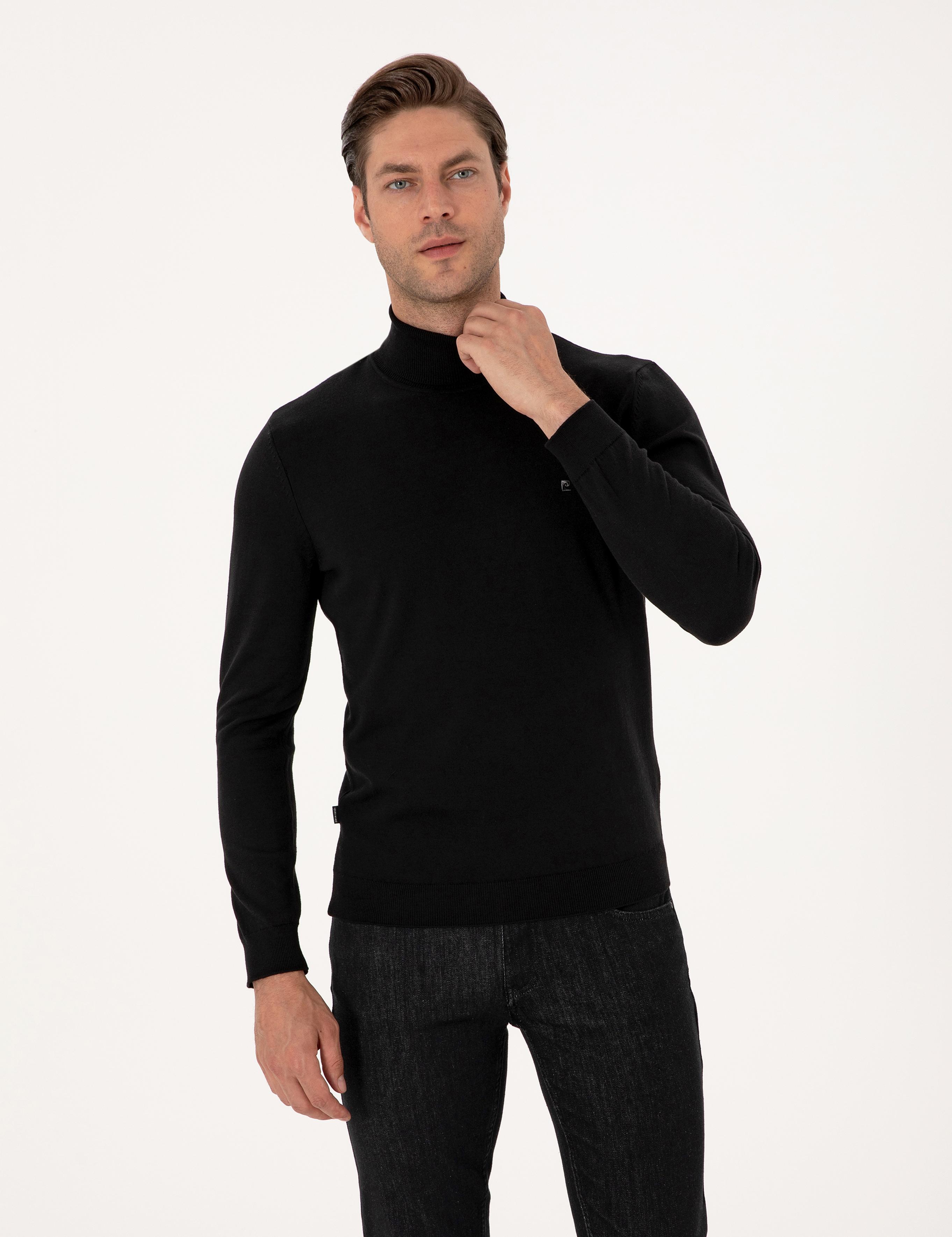 Siyah Slim Fit Balıkçı Yaka Basic Triko Kazak