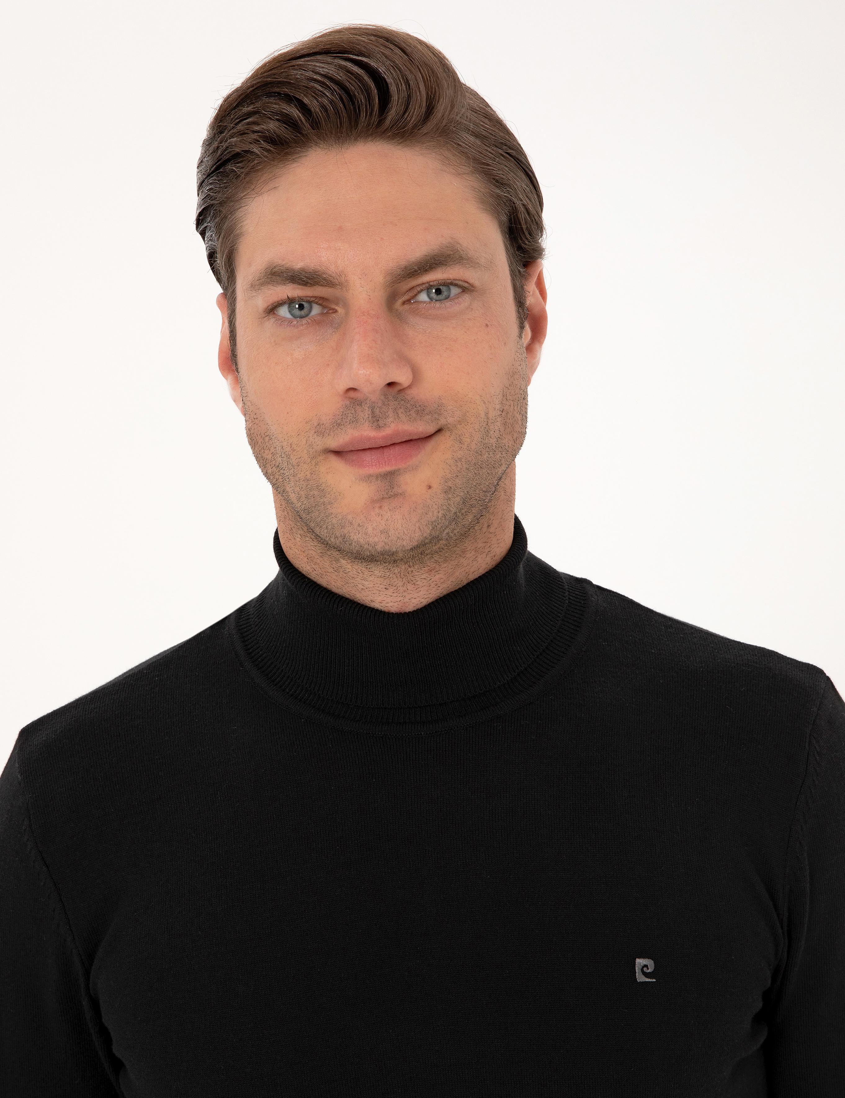 Siyah Slim Fit Balıkçı Yaka Basic Triko Kazak