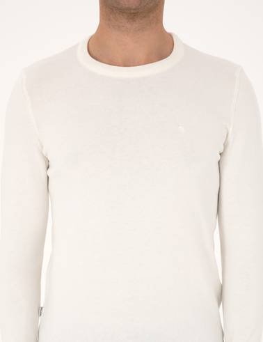 Ekru Slim Fit Bisiklet Yaka Basic Triko Kazak
