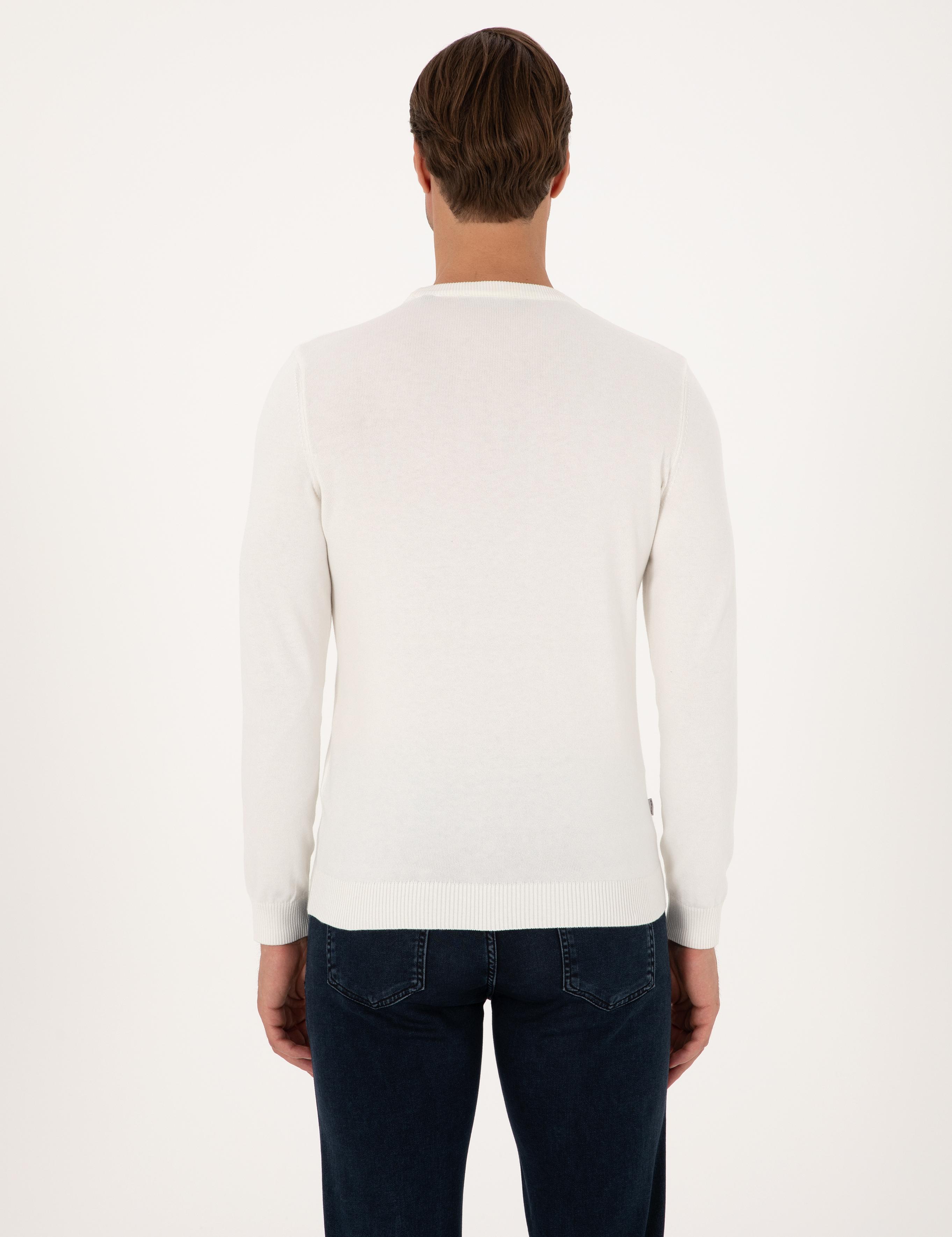 Ekru Slim Fit Bisiklet Yaka Basic Triko Kazak