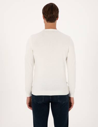 Ekru Slim Fit Bisiklet Yaka Basic Triko Kazak