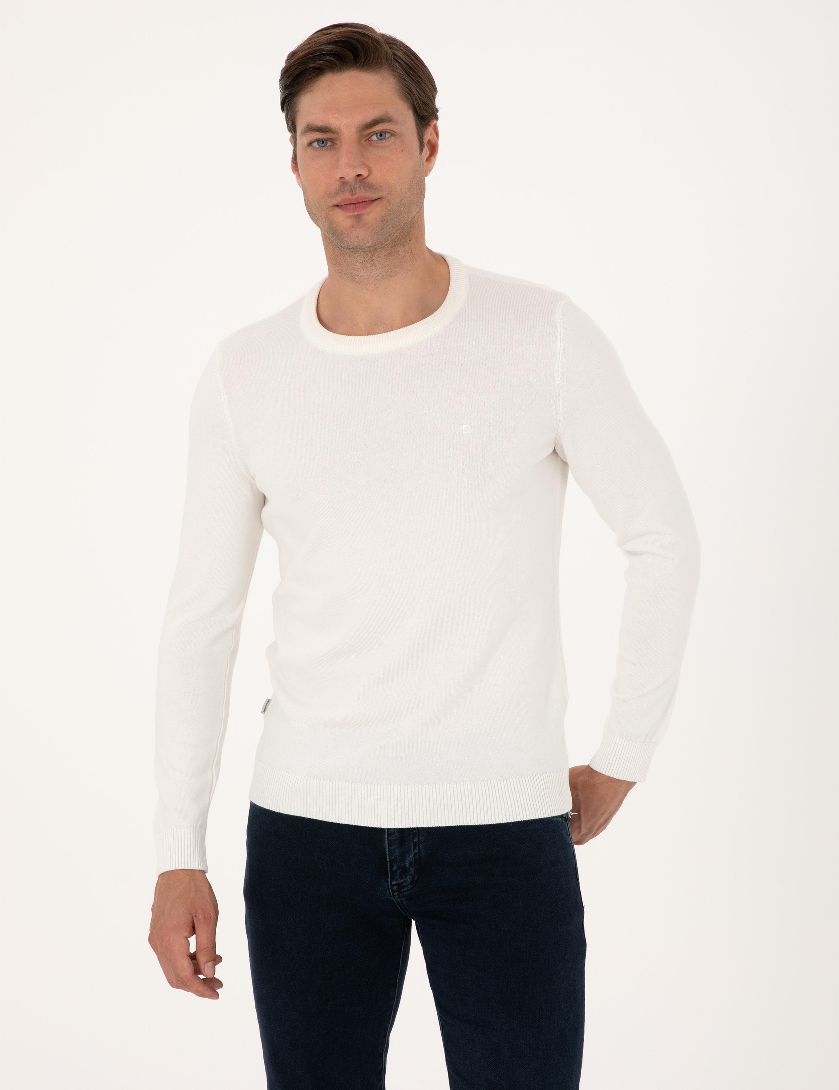 Ekru Slim Fit Bisiklet Yaka Basic Triko Kazak