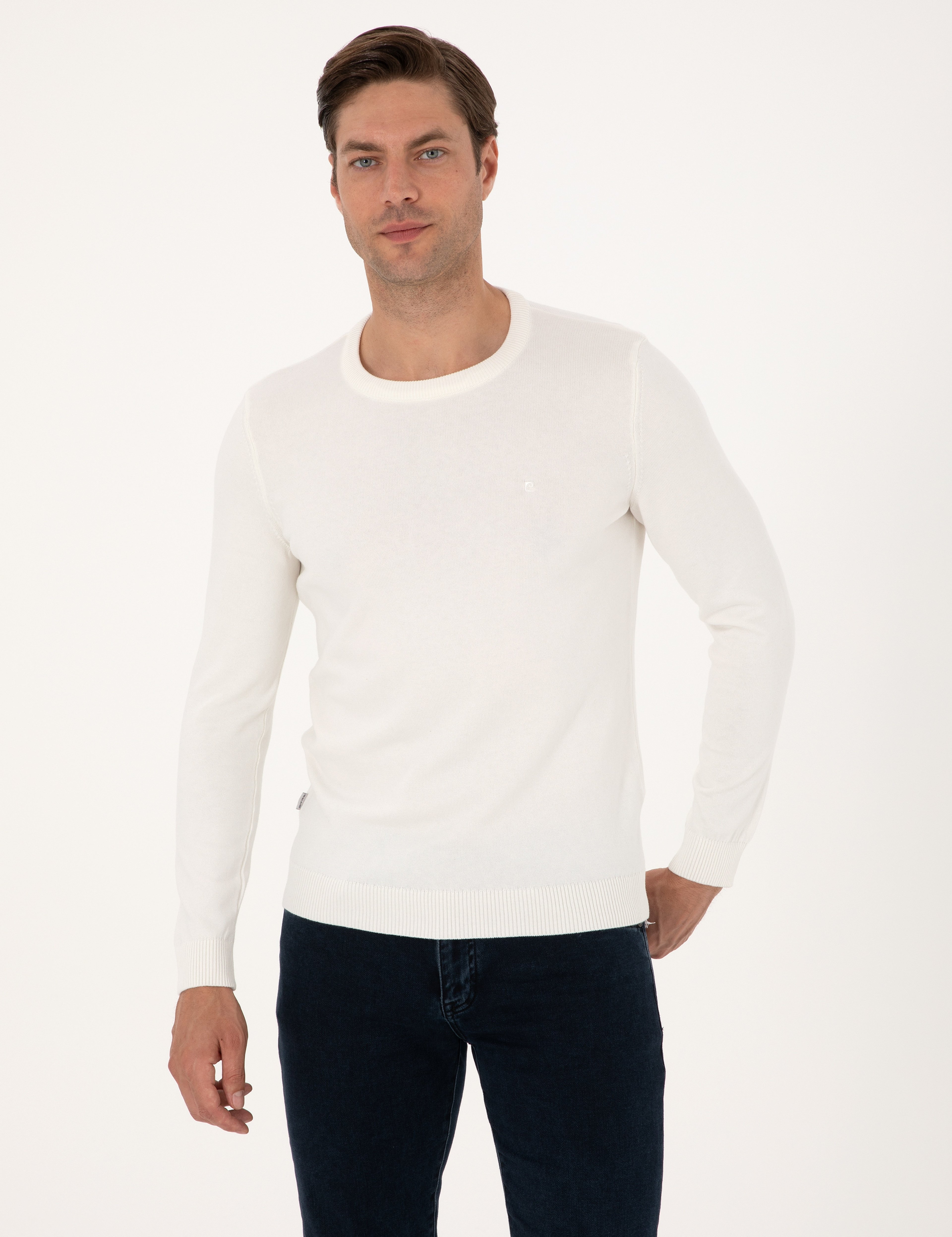 Ekru Slim Fit Bisiklet Yaka Basic Triko Kazak - Image 1