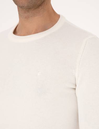 Ekru Slim Fit Bisiklet Yaka Basic Triko Kazak