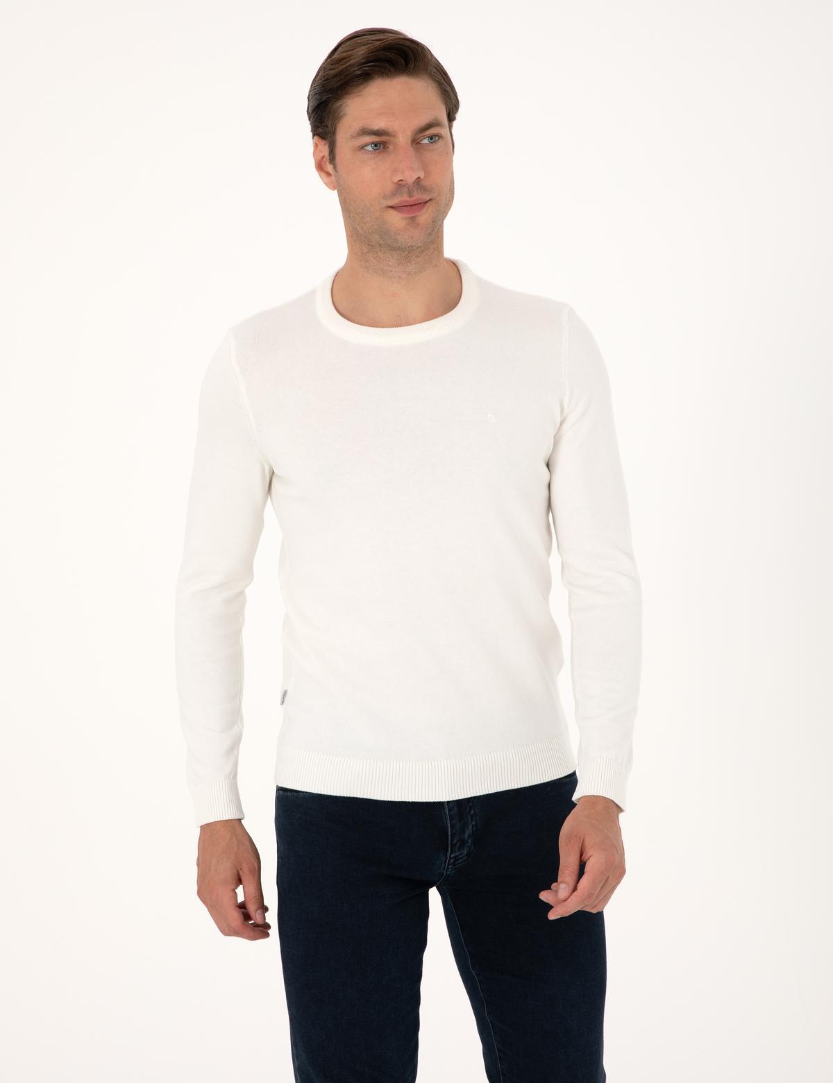 Ekru Slim Fit Bisiklet Yaka Basic Triko Kazak - 50315509011