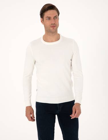 Ekru Slim Fit Bisiklet Yaka Basic Triko Kazak