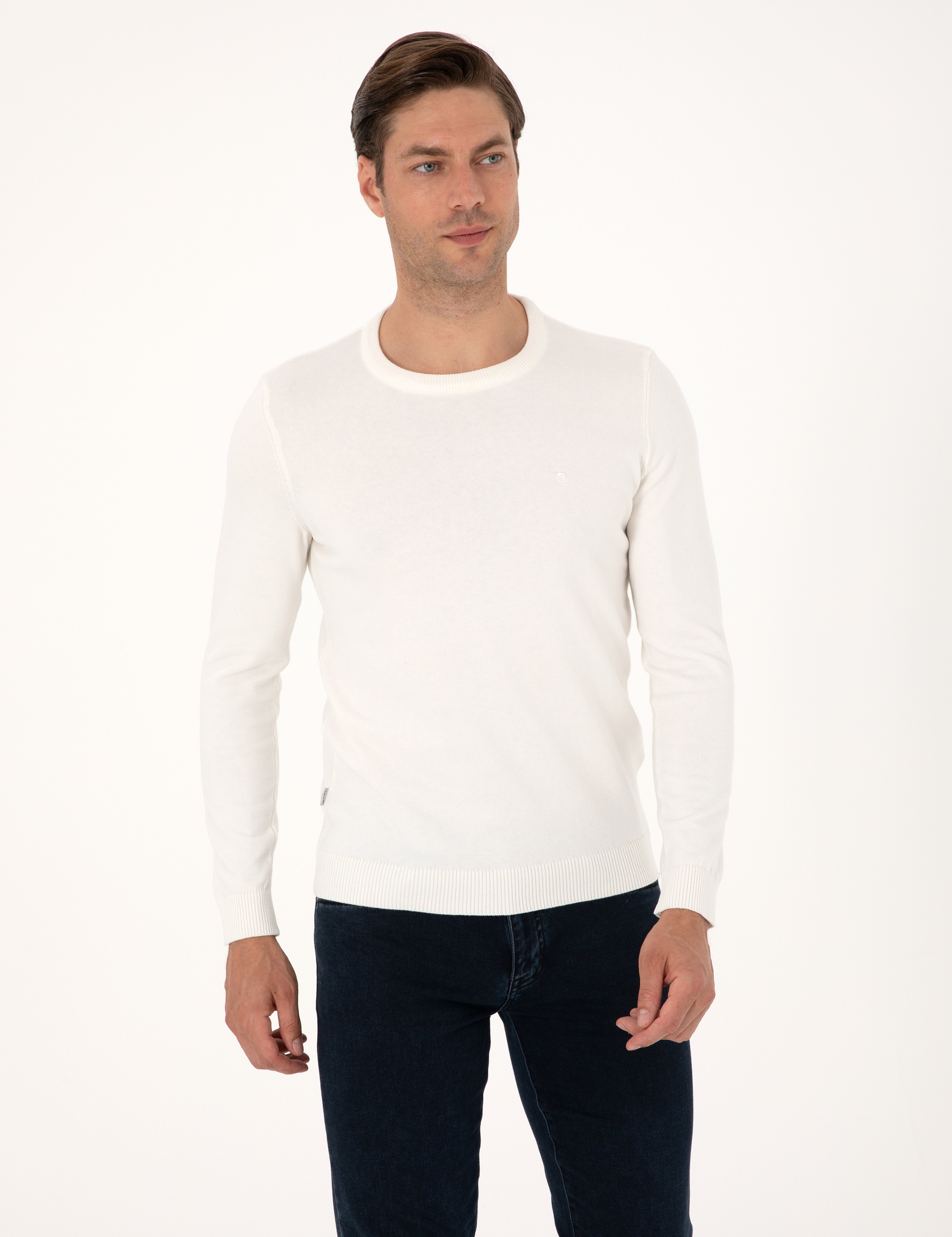 Ekru Slim Fit Bisiklet Yaka Basic Triko Kazak - Image 3