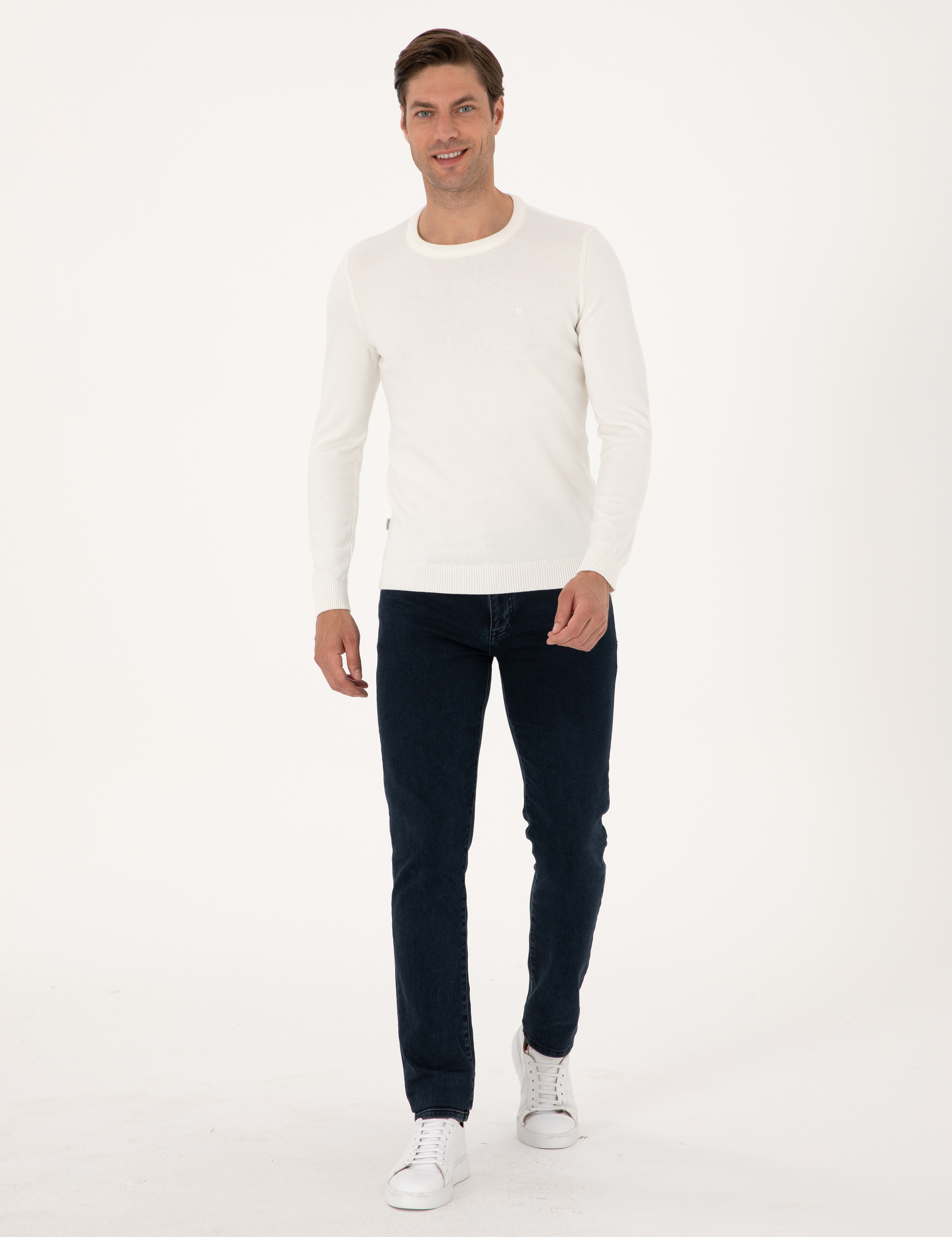 Ekru Slim Fit Bisiklet Yaka Basic Triko Kazak - Image 4
