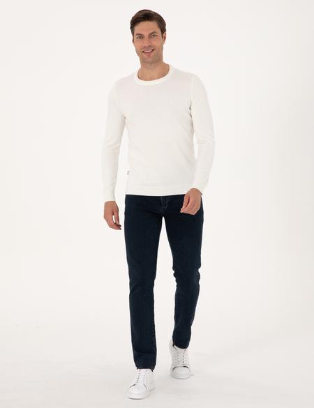 Ekru Slim Fit Bisiklet Yaka Basic Triko Kazak - 50315509011