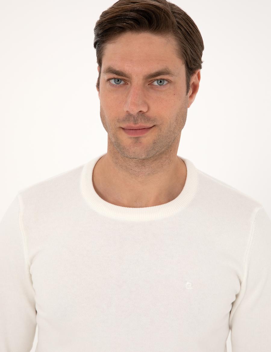 Ekru Slim Fit Bisiklet Yaka Basic Triko Kazak