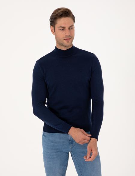 Açık Lacivert Slim Fit Yarım Balıkçı Yaka Basic Triko Kazak - 50314176127