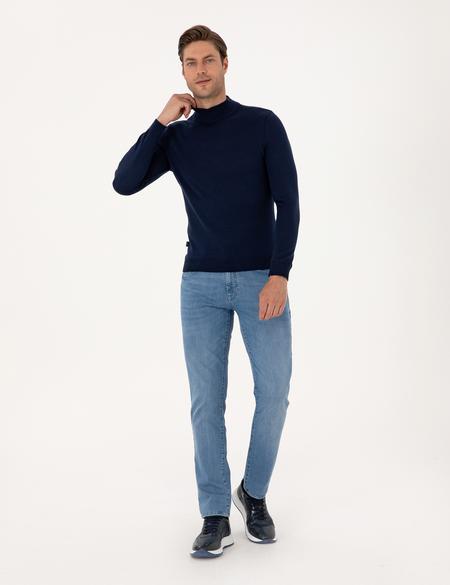 Açık Lacivert Slim Fit Yarım Balıkçı Yaka Basic Triko Kazak - 50314176127