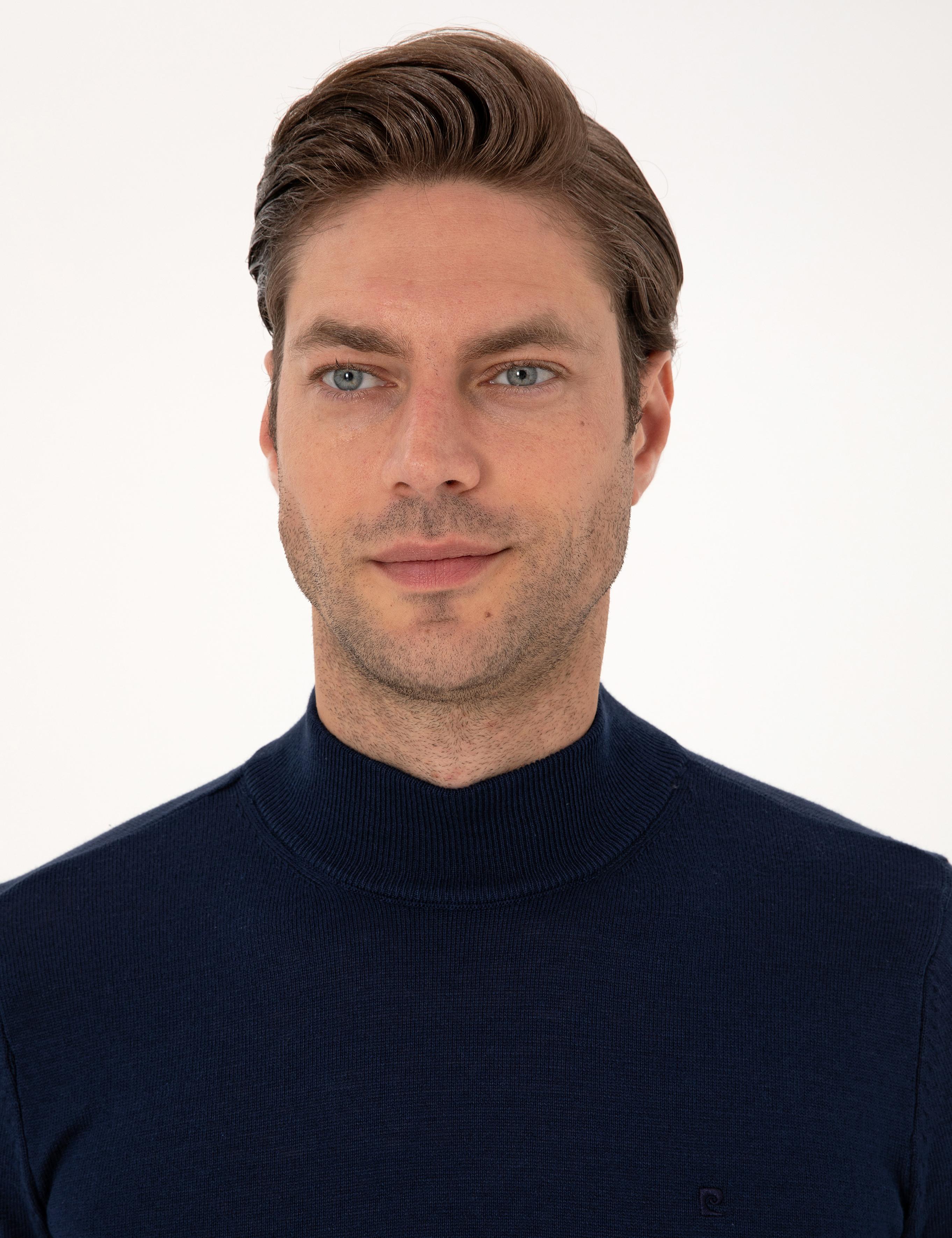 Açık Lacivert Slim Fit Yarım Balıkçı Yaka Basic Triko Kazak