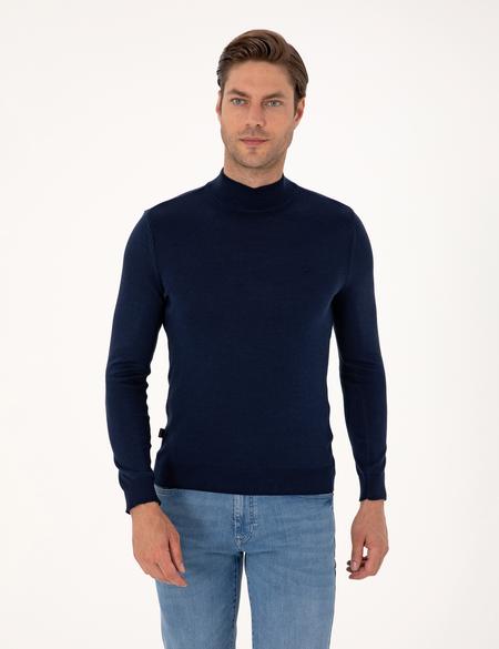 Açık Lacivert Slim Fit Yarım Balıkçı Yaka Basic Triko Kazak - 50314176127