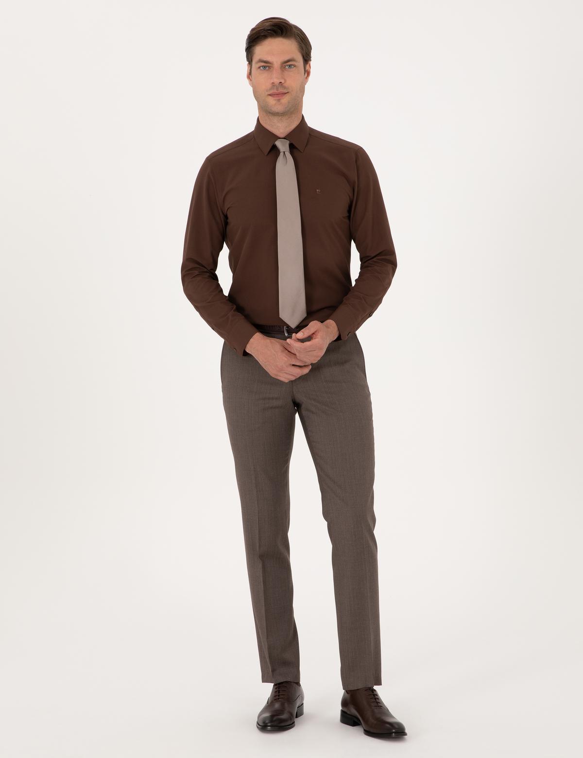 Kahverengi Slim Fit Uzun Kollu Basic Gömlek - 50316734041