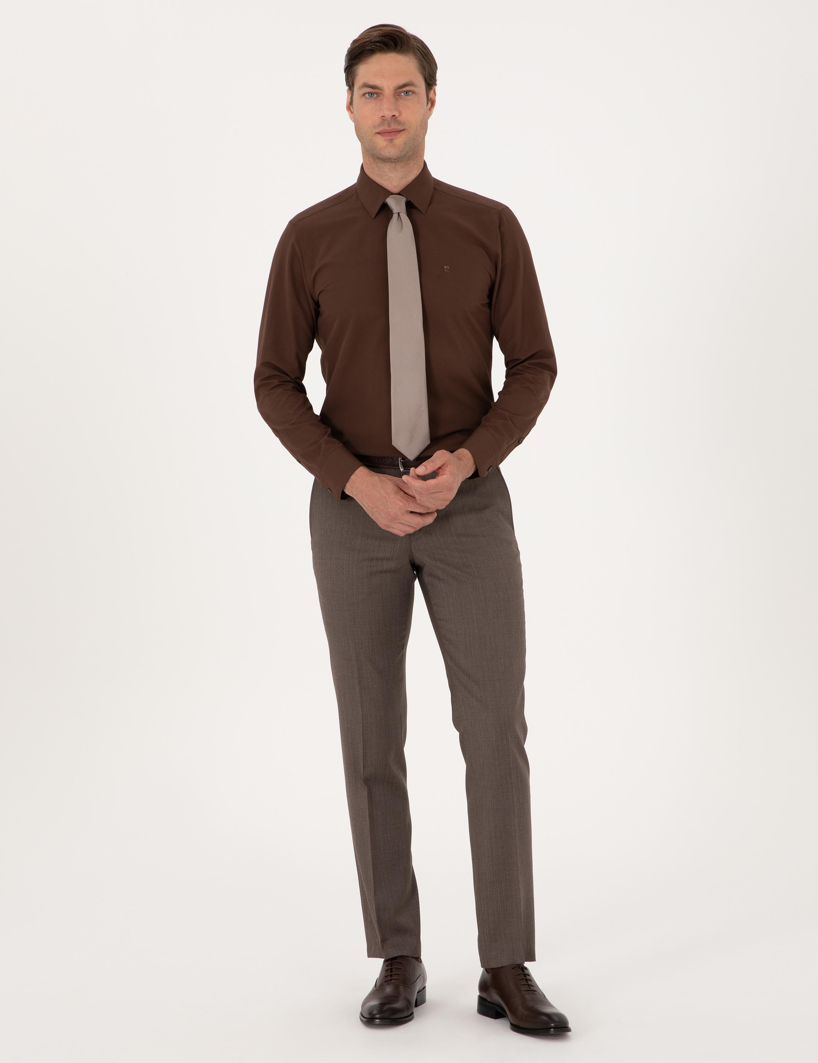 Kahverengi Slim Fit Uzun Kollu Basic Gömlek