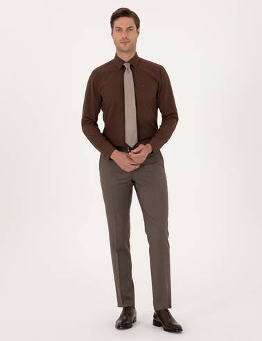 Kahverengi Slim Fit Uzun Kollu Basic Gömlek