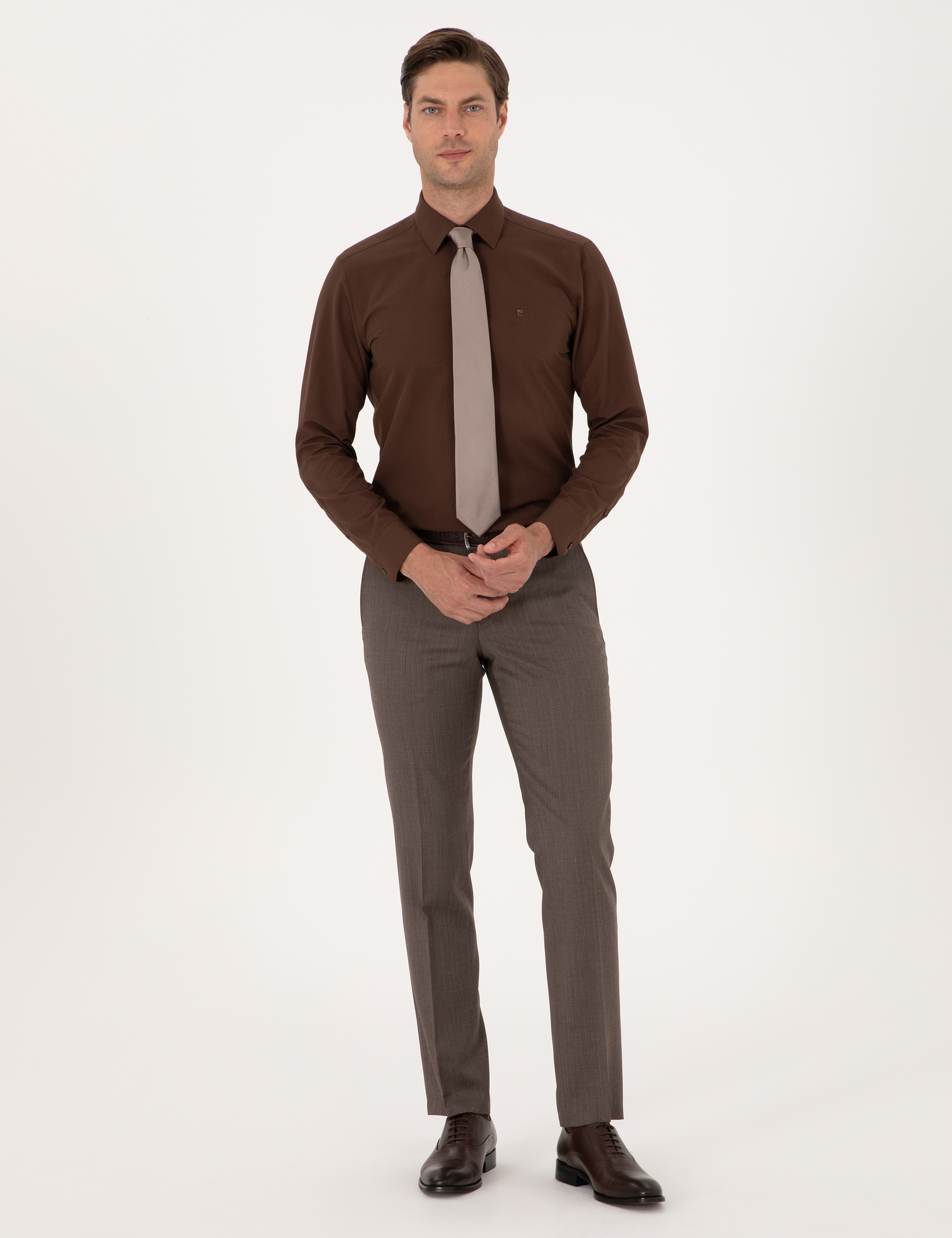 Kahverengi Slim Fit Uzun Kollu Basic Gömlek