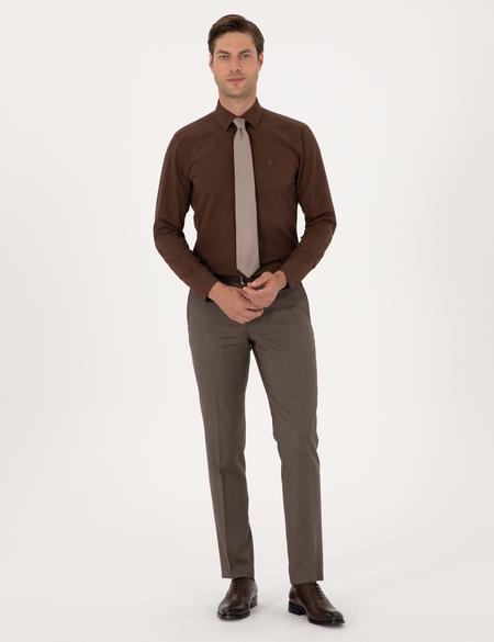 Kahverengi Slim Fit Uzun Kollu Basic Gömlek - 50316734041