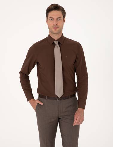 Kahverengi Slim Fit Uzun Kollu Basic Gömlek