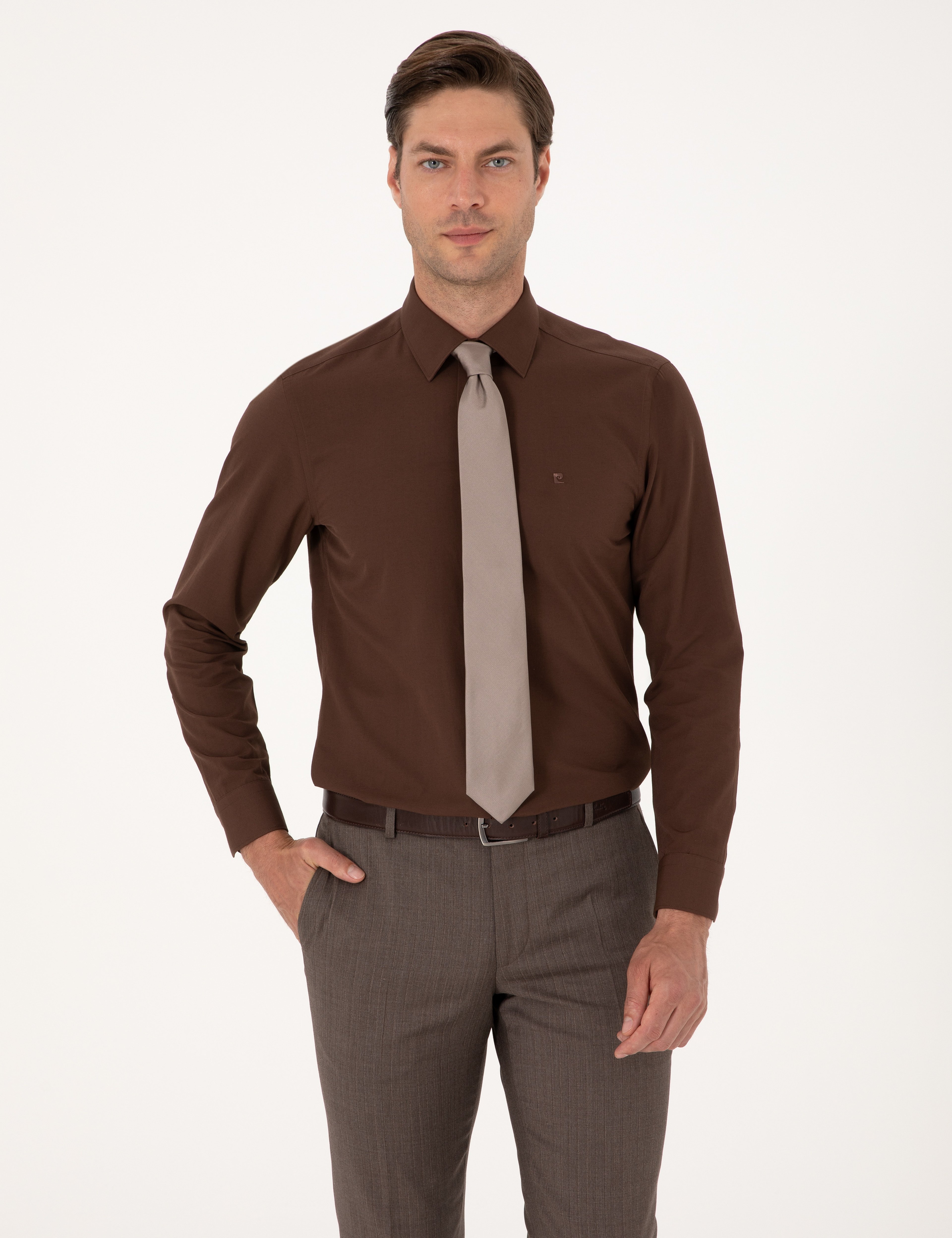 Kahverengi Slim Fit Uzun Kollu Basic Gömlek - Image 1