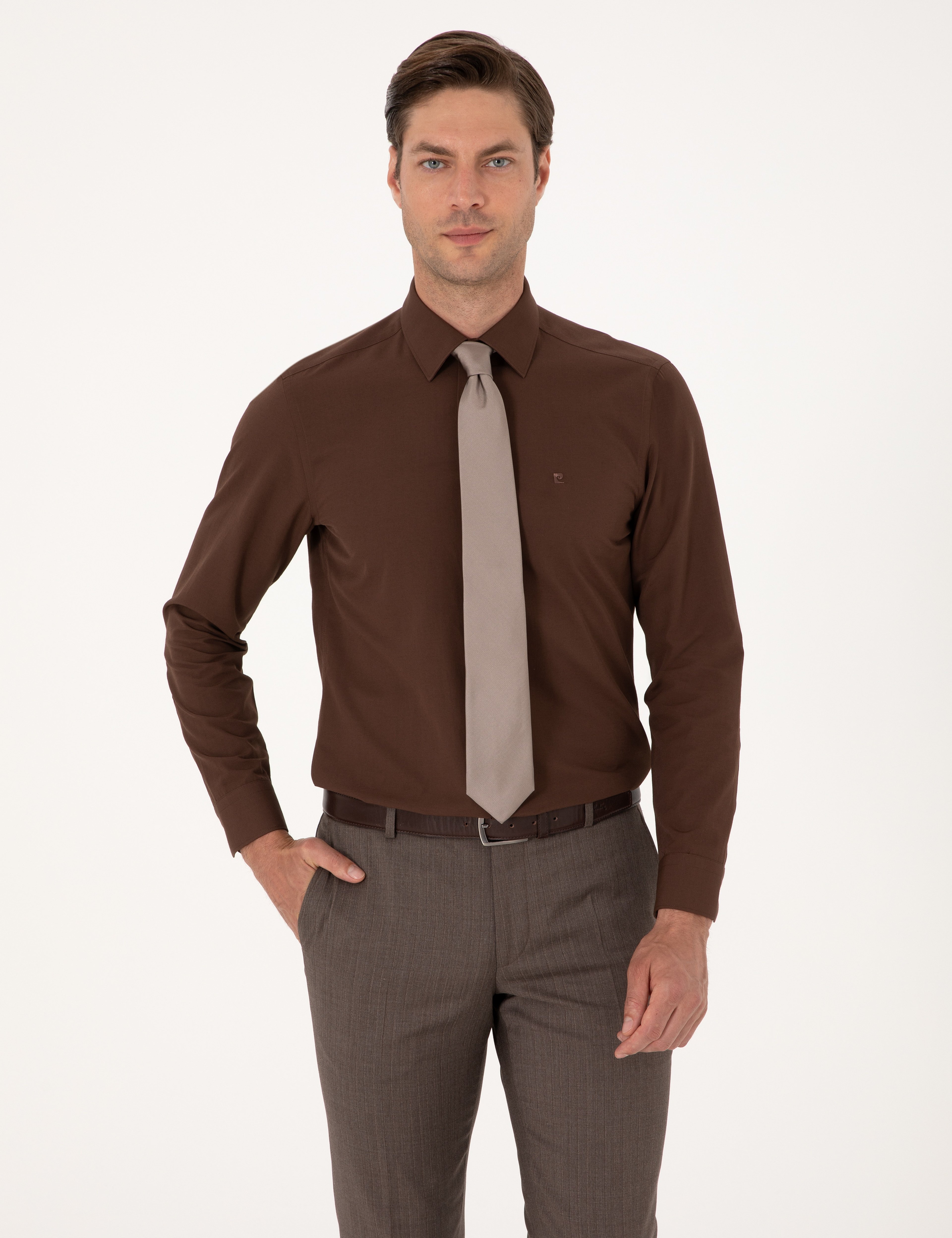 Kahverengi Slim Fit Uzun Kollu Basic Gömlek