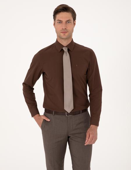 Kahverengi Slim Fit Uzun Kollu Basic Gömlek - 50316734041