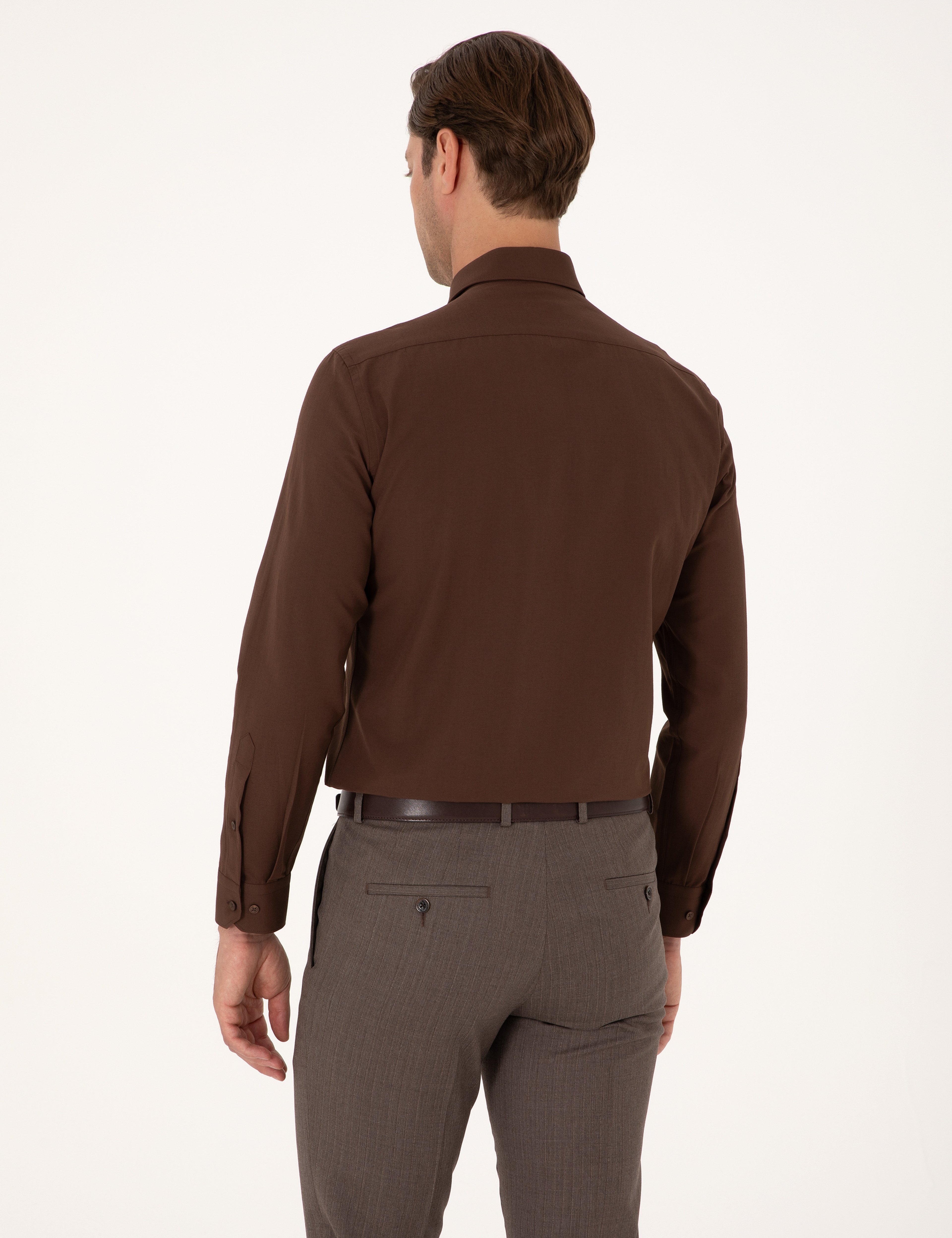 Kahverengi Slim Fit Uzun Kollu Basic Gömlek - Image 5