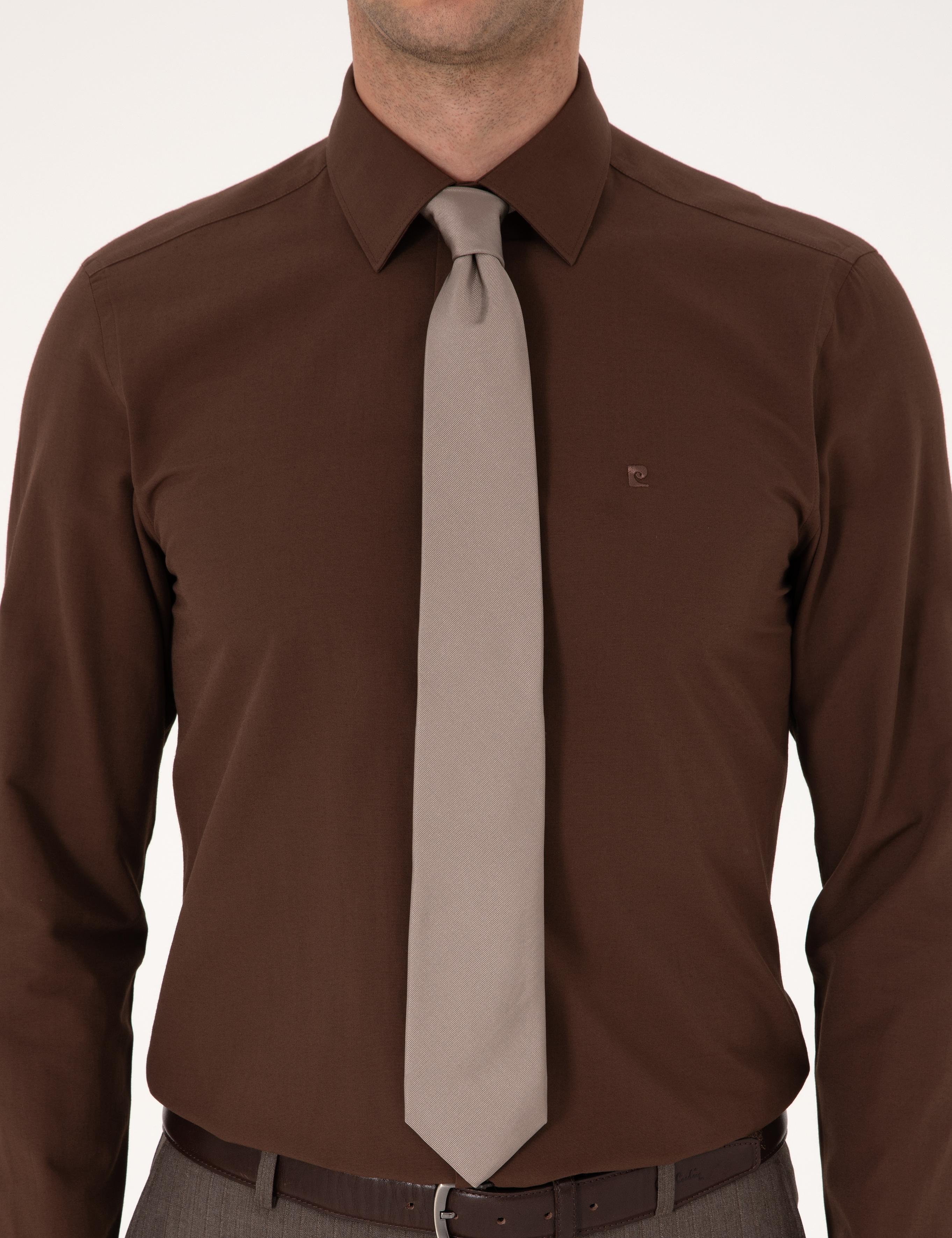 Kahverengi Slim Fit Uzun Kollu Basic Gömlek